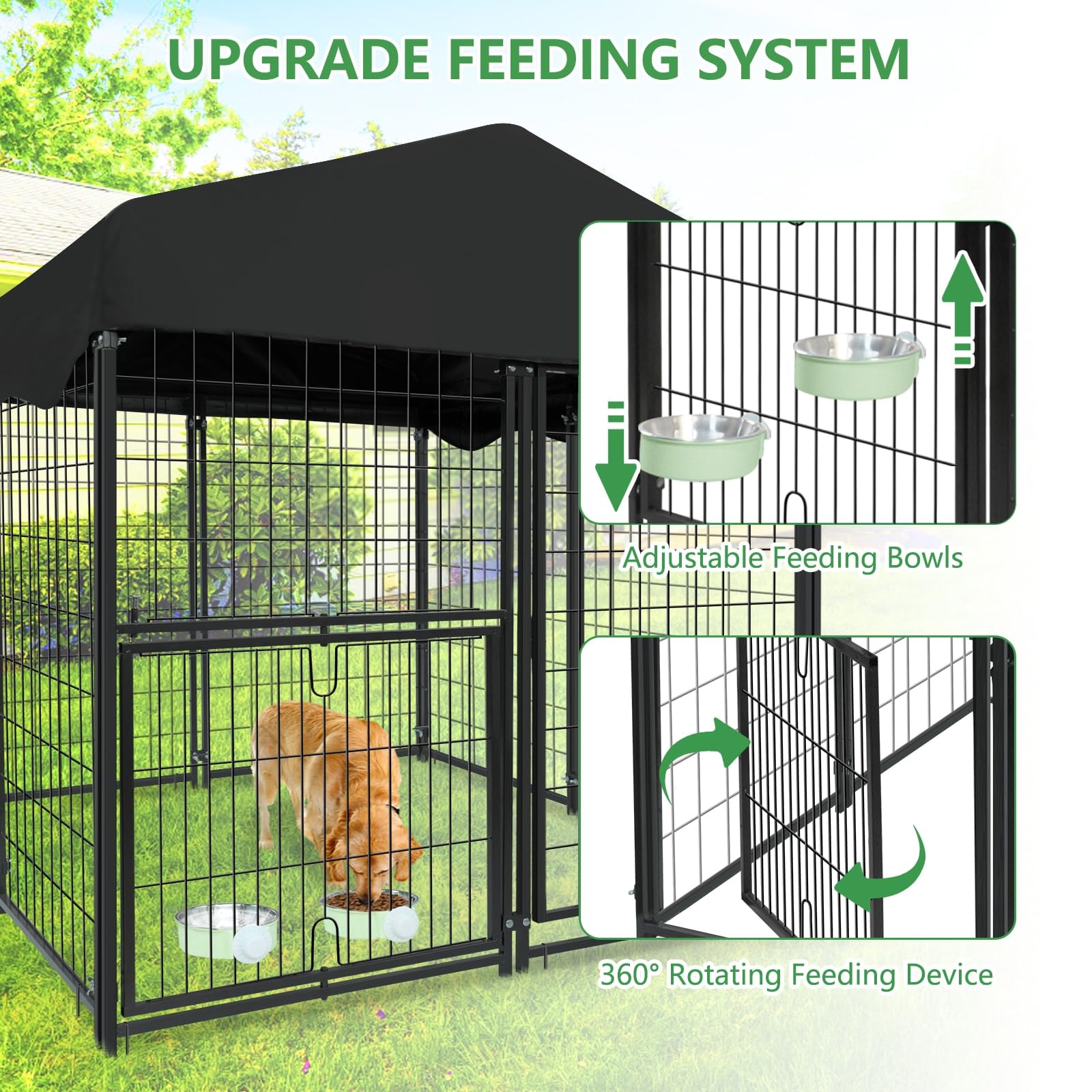 Heavy Duty Outdoor & Indoor Dog Kennel with Roof - 4.2' x 4' x 4.5' Large Dog Cage with Waterproof Cover & Adjustable Feeding Bowls - Perfect for Yard, Patio, or Home Use - Durable Dog House for All Weather Conditions
