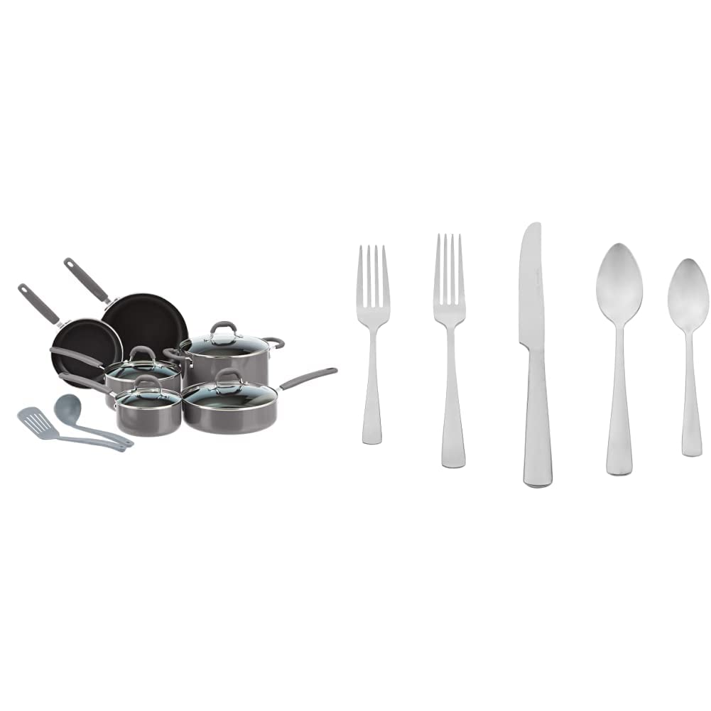 Amazon Basics 12-Piece Ceramic Non-Stick Cookware Set with Pots, Pans & Utensils + 20-Piece Stainless Steel Flatware Set - Complete Kitchen Essentials for Cooking, Baking & Serving (Service for 4, Grey)