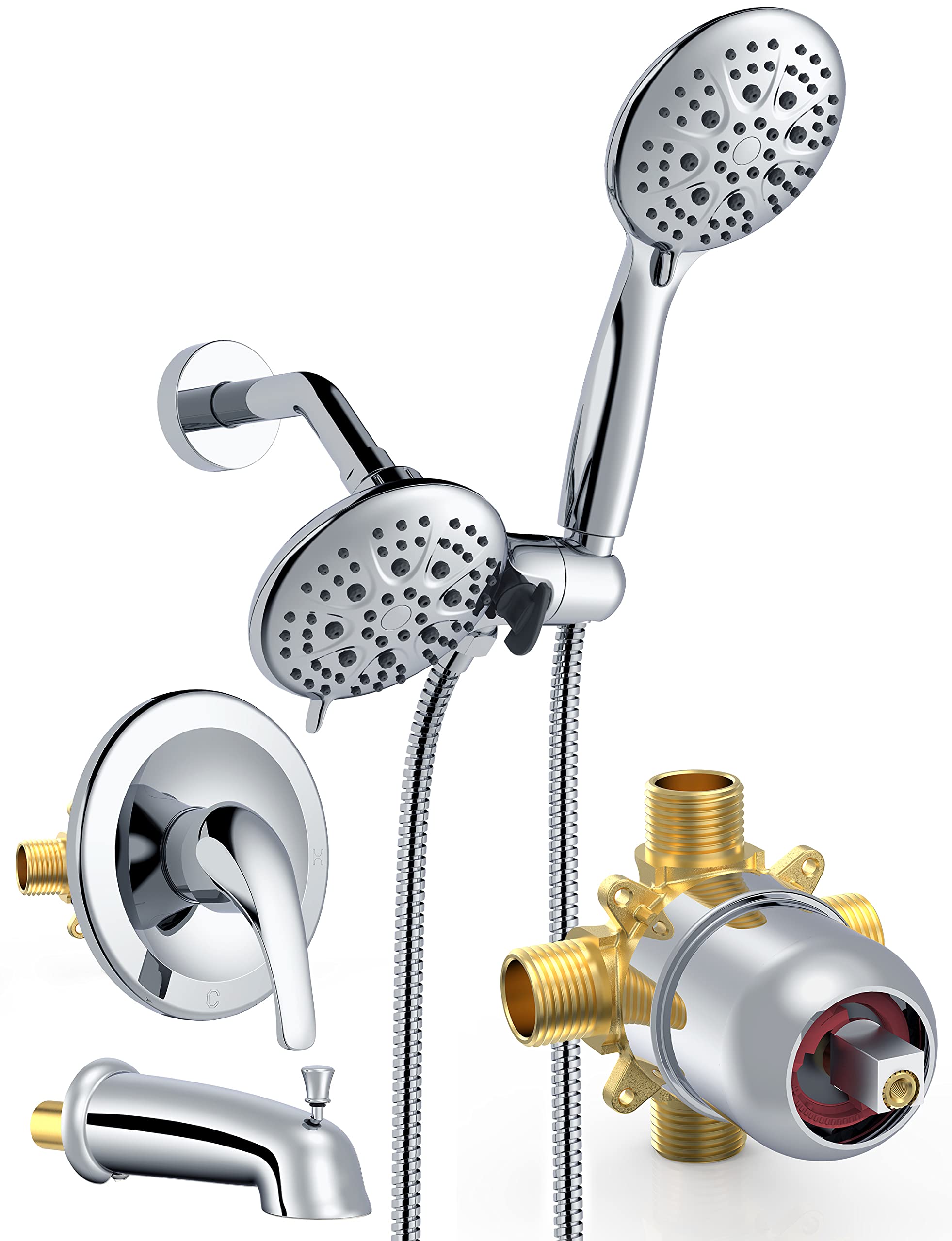 SR SUN RISE 35-Function High Pressure Shower System with Rain Shower Head & Tub Spout - 2-in-1 Dual Shower Combo Faucet Set with 3-Way Diverter Valve - Polished Chrome Finish for Bathroom & Spa Relaxation