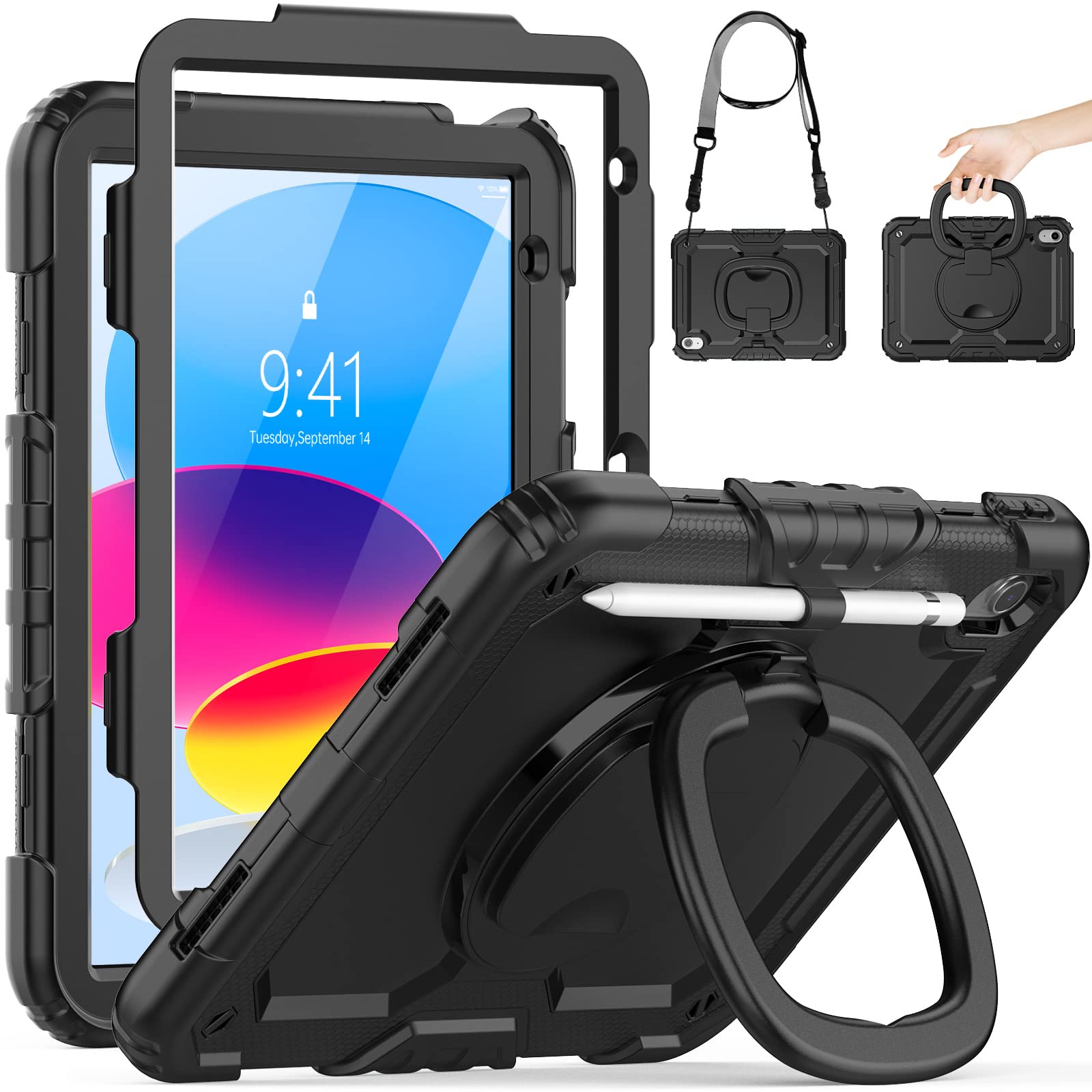 Shockproof 360° Rotating Case for iPad 10th Generation (2022) 10.9 Inch with Screen Protector & Pencil Holder - Durable Protective Cover with 180° Folding Hand Grip - Perfect for Work, Travel and School Use - Black