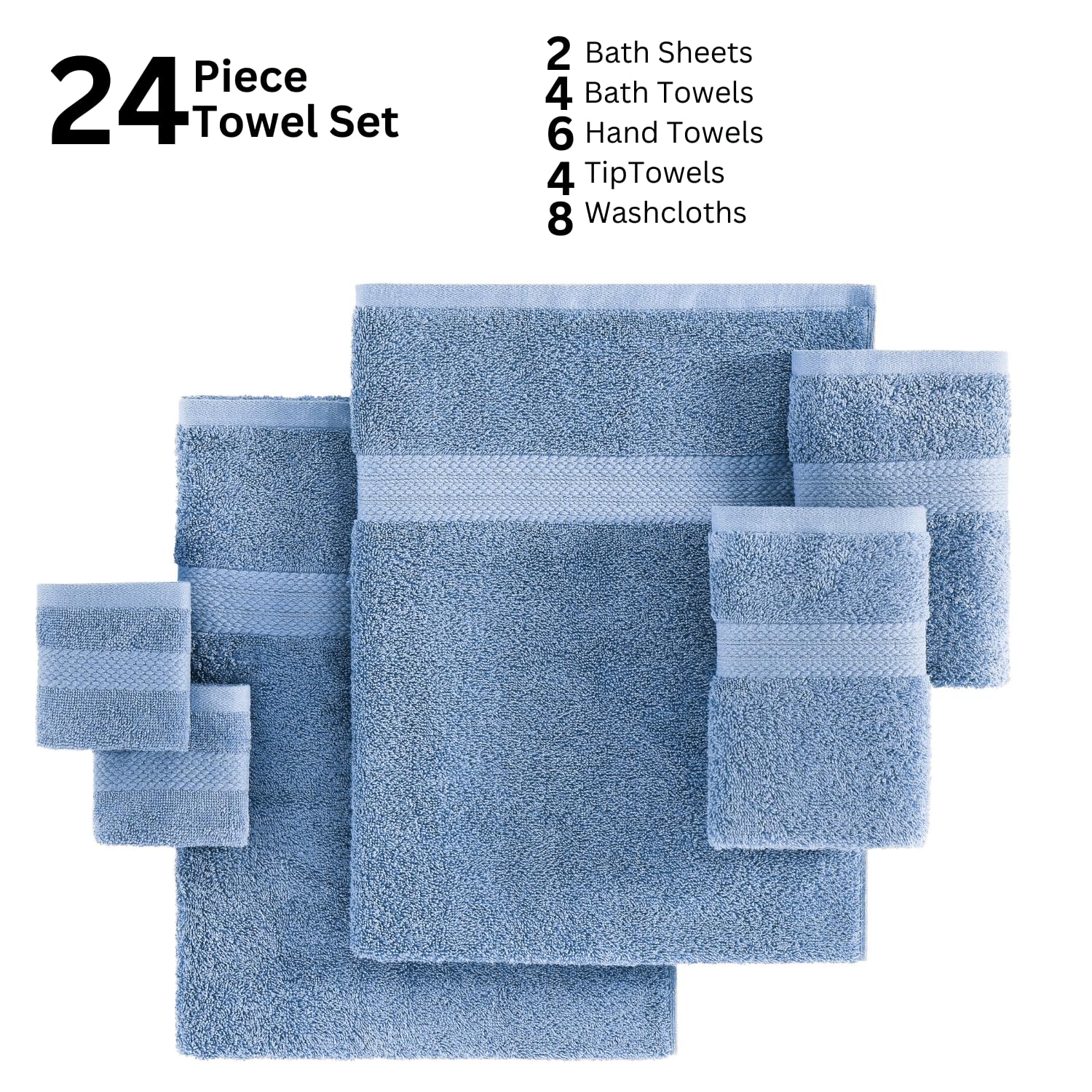 Premium 24-Piece Bath Towel Set by LANE LINEN - 100% Cotton Luxury Towels (2 Bath Sheets, 4 Bath Towels, 6 Hand Towels, 8 Washcloths, 4 Fingertip Towels) - Cerulean Blue - Perfect for Spa, Hotel, Guest Bathroom & Home Use