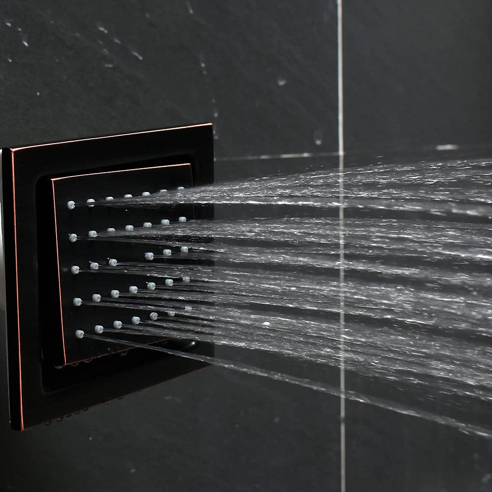 Oil Rubbed Bronze Thermostatic Shower System - 12 Inch Rainfall Shower Head, 6 Body Jets & Handheld Shower | Complete Bathroom Faucet Set for Luxurious Spa Experience at Home