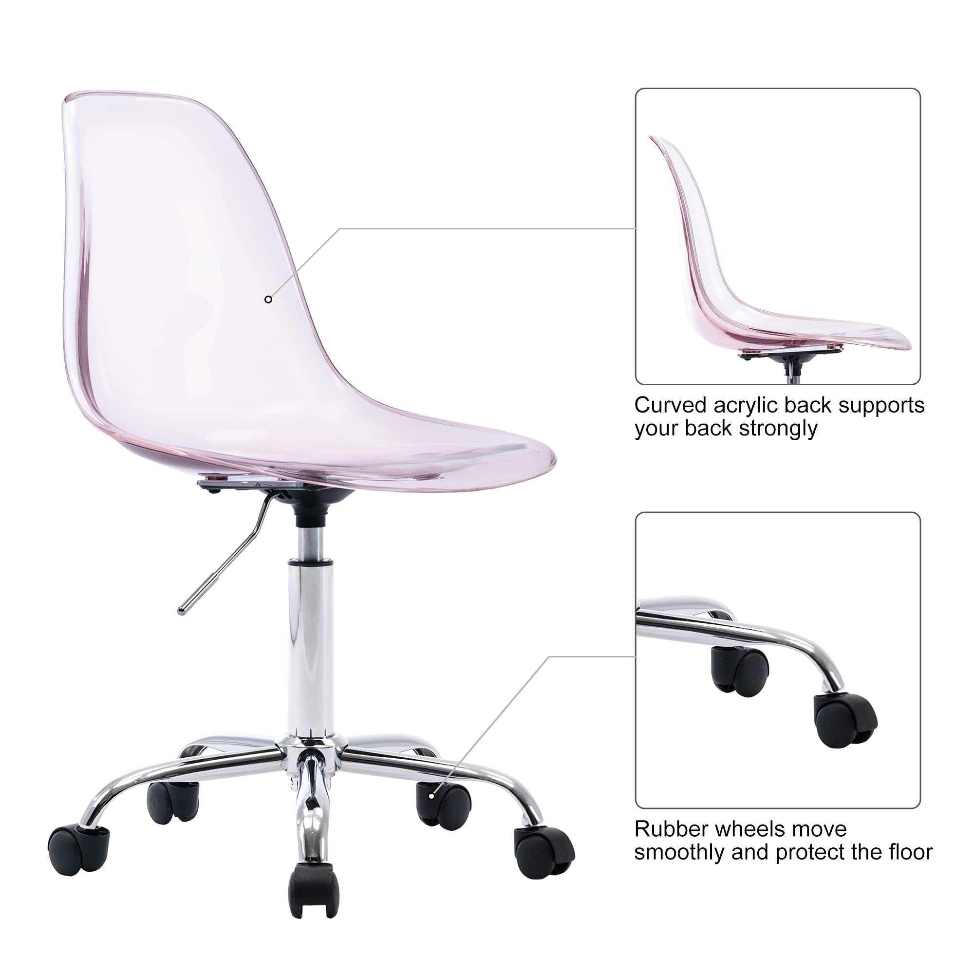 HOMEFUN Clear Acrylic Rolling Armless Swivel Chair - Height Adjustable Ghost Molded Plastic Office Chair with Wheels, Pink - Perfect for Home Office, Vanity Desk, and Modern Workspace Decor