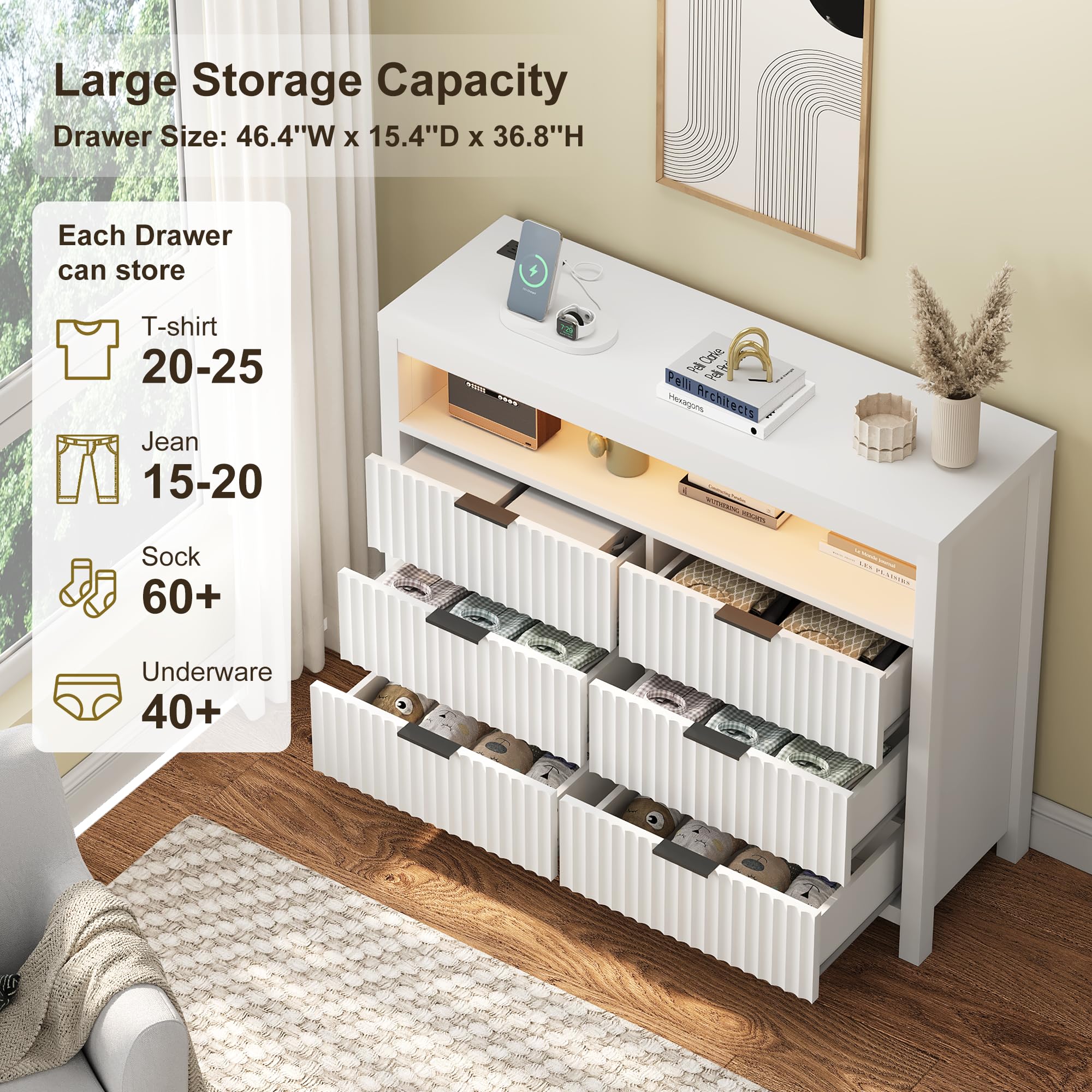 Modern 6-Drawer Fluted Dresser with Built-in Power Outlet & LED Lights - Wooden Chest of Drawers with Charging Station, Large TV Stand Dresser, Double Drawer Organizer for Bedroom, Living Room, Hallway (White) - Perfect for Contemporary Home Décor & Smart Device Charging
