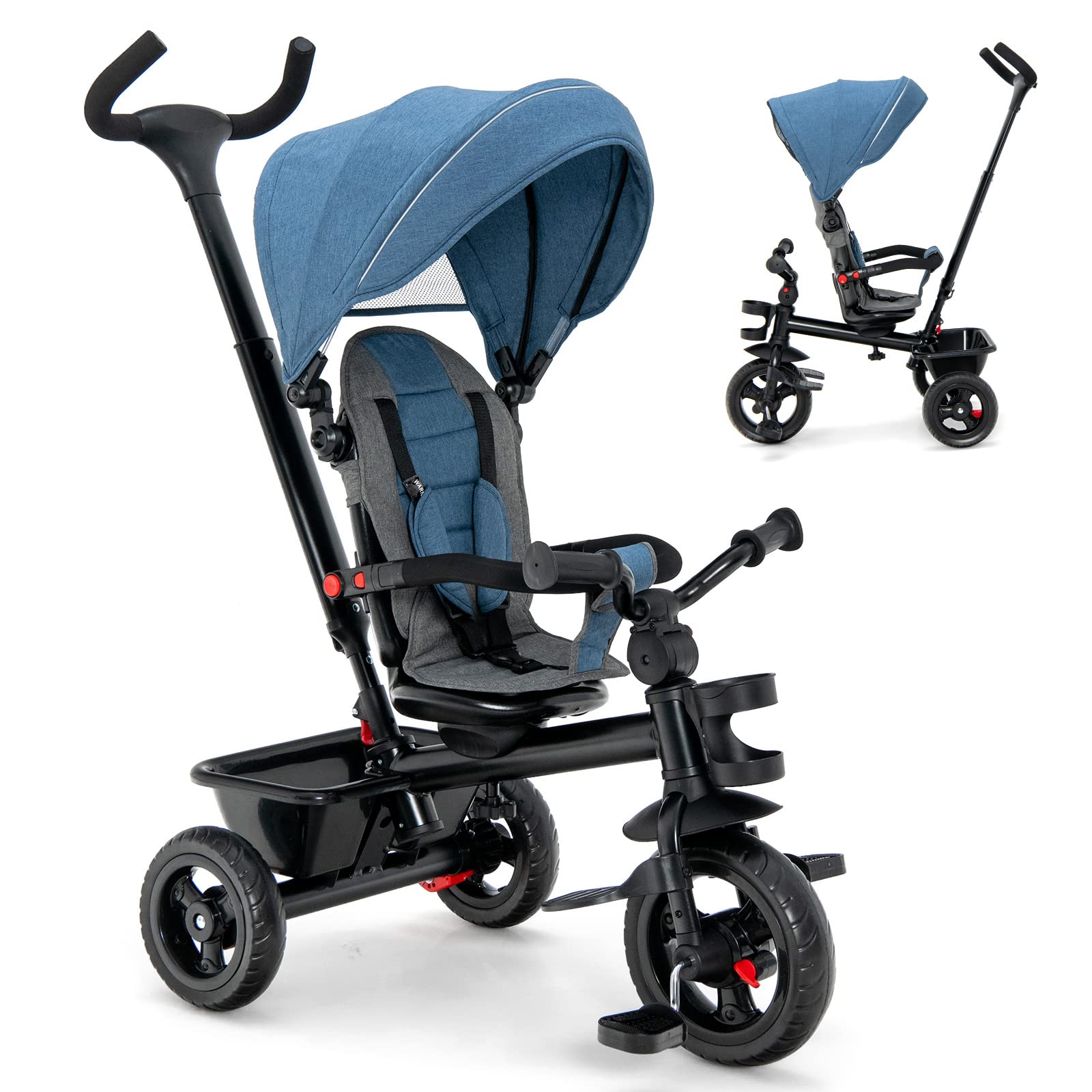 HONEY JOY 5-in-1 Convertible Baby Tricycle with Adjustable Push Handle, Canopy & Reversible Seat - EVA Wheels, Cup Holder & Storage Basket - Toddler Push Trike for Ages 1.5-5 Years (Blue) | Perfect for Park Rides, Neighborhood Strolls & Outdoor Family Adventures