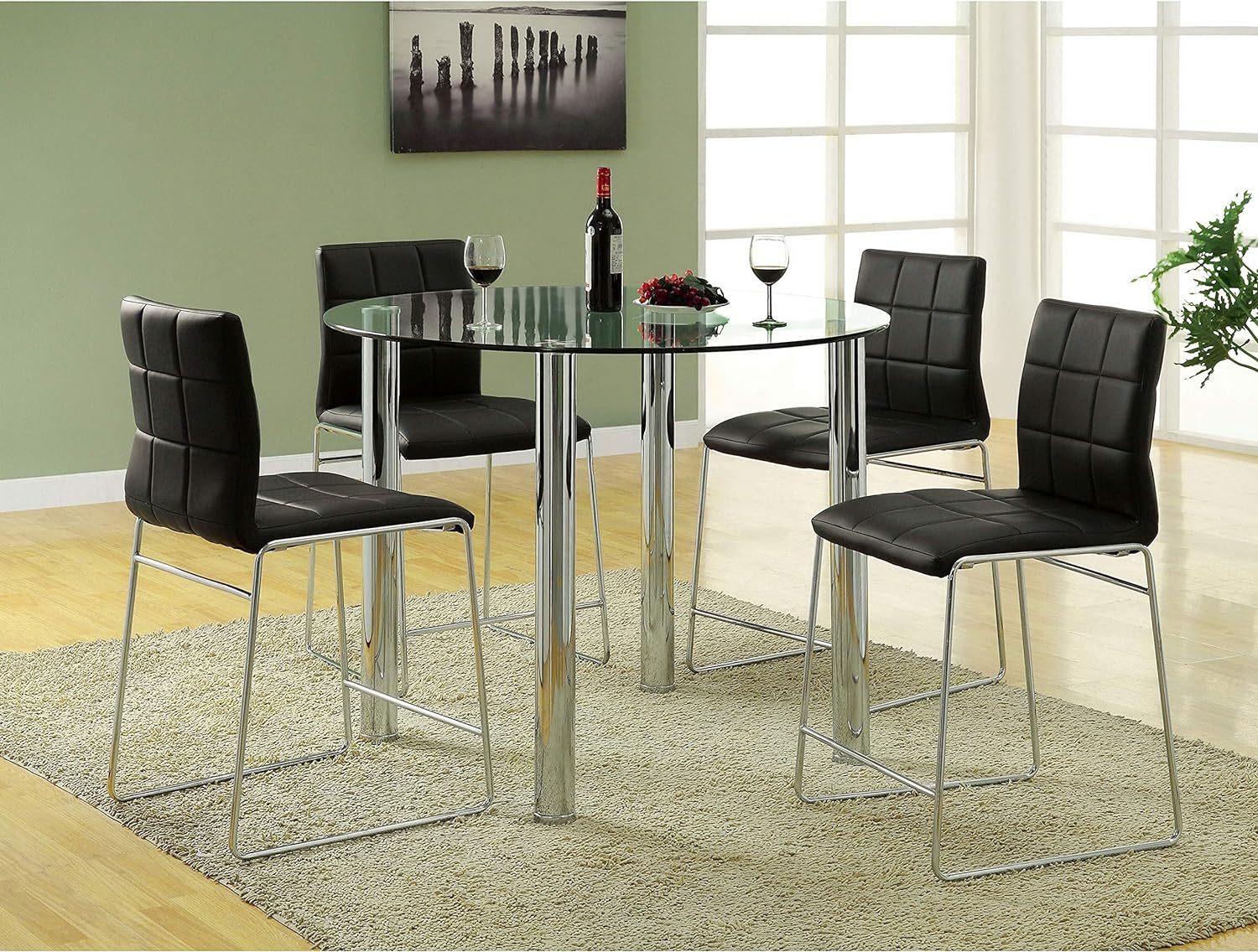 Black Leatherette Counter Height Dining Chairs Set of 2 with Chrome Metal Legs - Modern Kitchen Bar Stools for Breakfast Nook, Small Space Dining & Home Office
