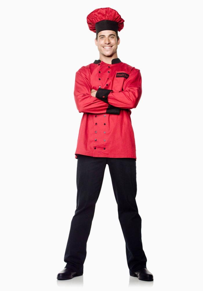 Seven Til Midnight Men's Chef Costume - Red & Black Professional Kitchen Uniform for Cooking & Halloween - Medium Size | Perfect for Culinary Students, Home Chefs & Costume Parties