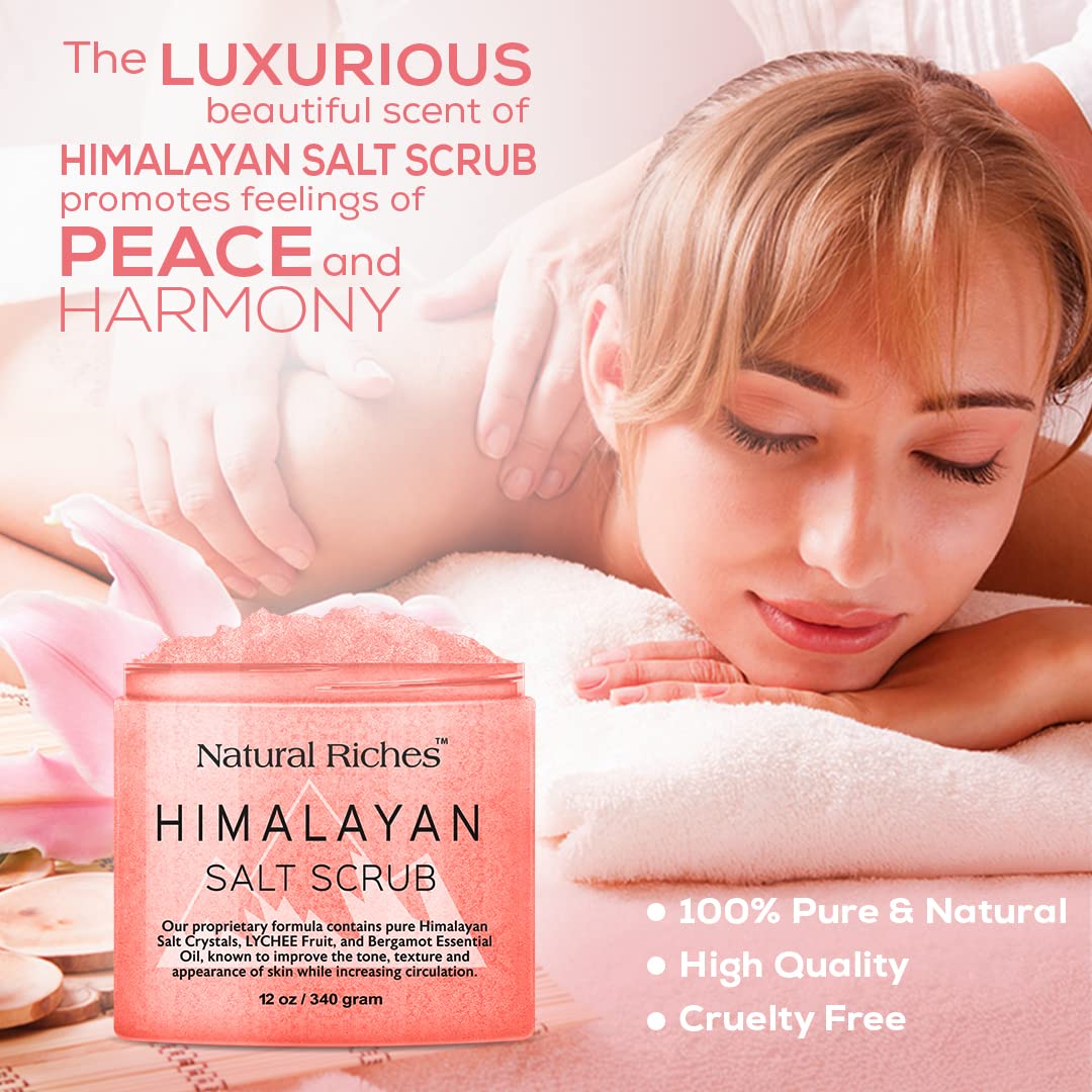 Natural Riches Himalayan Salt Exfoliating Body Scrub with Lychee Bergamot Essential Oil & Vitamin C - 12 Oz Deep Cleansing Foot & Skin Exfoliator for Moisturizing & Smoothing - Perfect for Spa Day, Dry Skin Care & At-Home Self-Care Routine