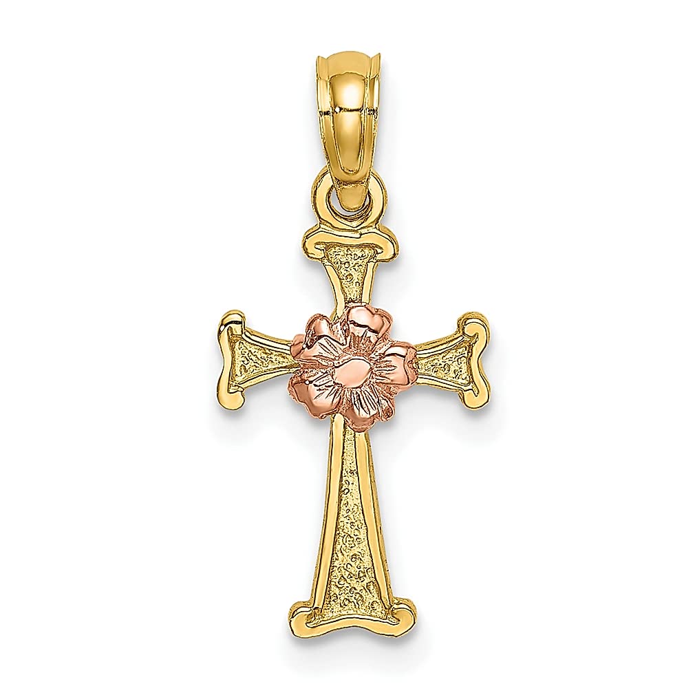 14K Two-Tone Yellow Gold Cross Religious Flower Charm Necklace Pendant - Elegant Fine Jewelry for Women, Perfect Gift for Her - Ideal for Church, Weddings, and Special Occasions