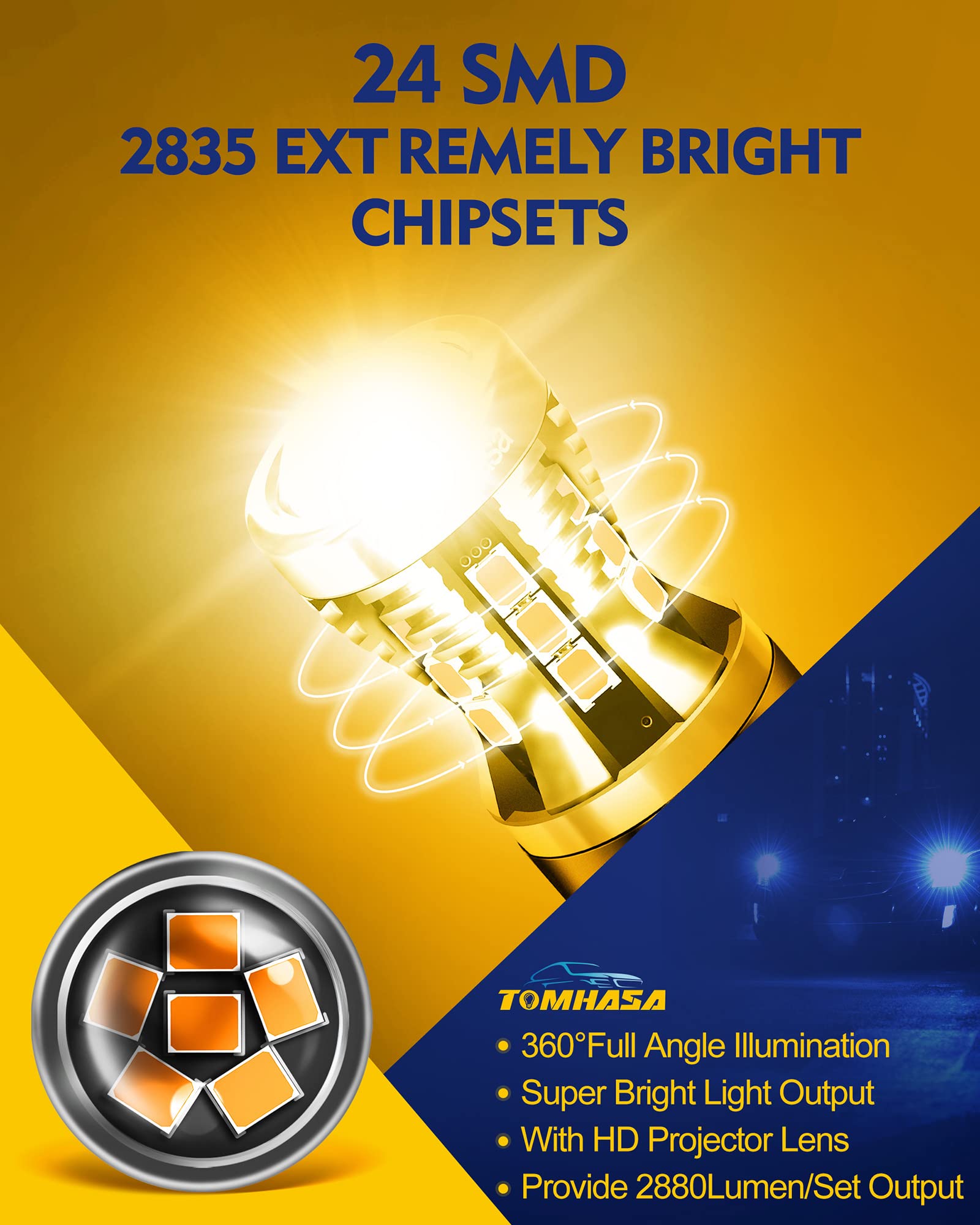 Amber Yellow 7440 7443 LED Bulbs for Turn Signal Lights - 7441 7444 T20 W21W LED Replacement Bulbs for Side Marker & Brake Blinker Lights (Pack of 2) - Perfect for Car, Truck, Motorcycle & RV Lighting Upgrades