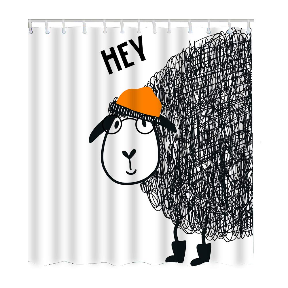 Cute Sheep Shower Curtain with Lamb Glasses & Hat Design - Doodle Splash Feather Pattern Bathroom Decor - Waterproof Polyester Fabric with Hooks (60x72 Inch) - Perfect for Kids' Bathroom, Farmhouse Style Decor & Whimsical Home Accents