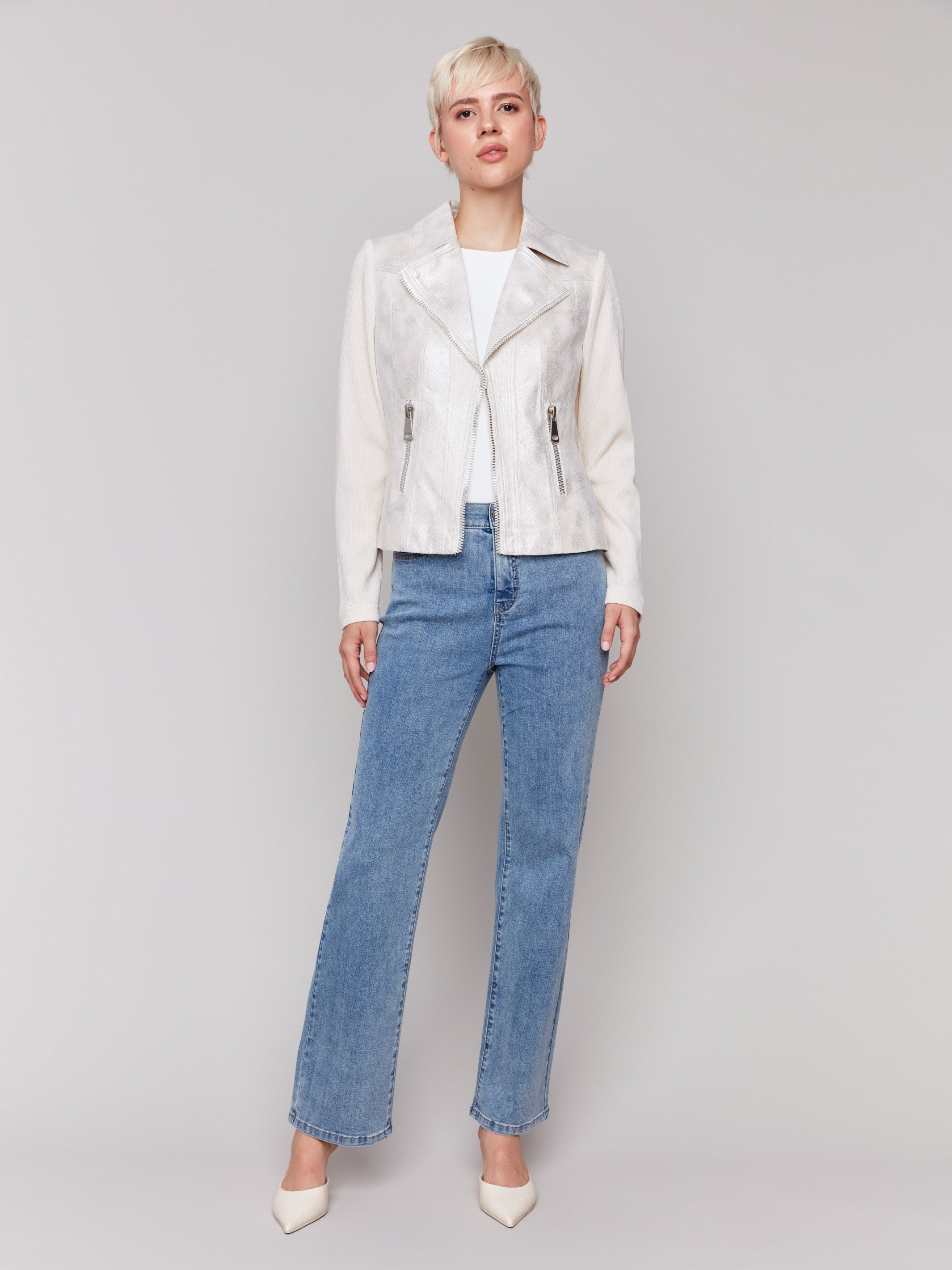 Stylish Foiled Faux Leather & Rib Knit Jacket in Champagne - Perfect for Fall Layering and Night Out Outfits