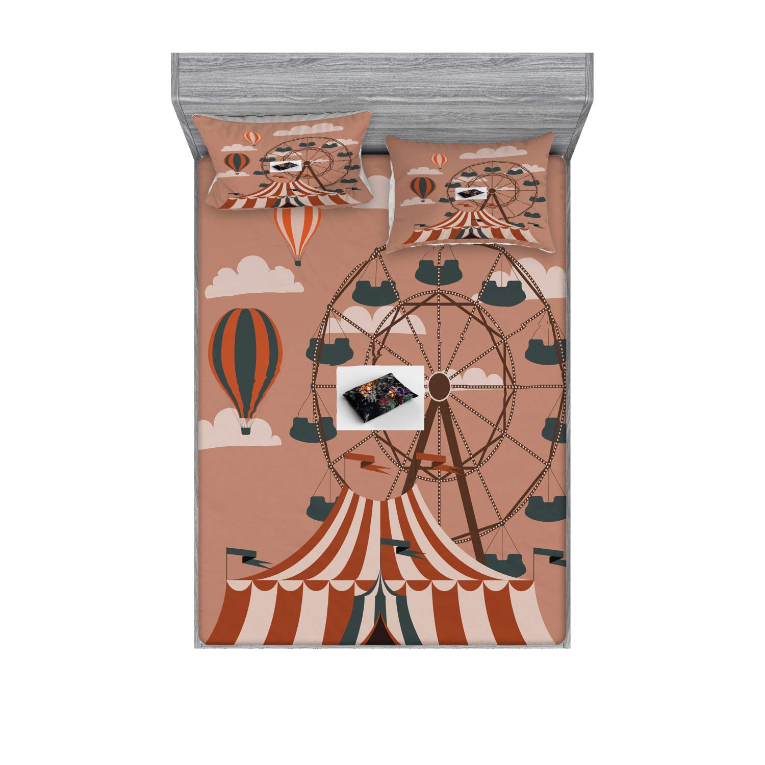 Ambesonne Circus Themed 3-Piece Bedding Set - Full Size Fitted Sheet & Pillow Shams with Vibrant Ferris Wheel, Hot Air Balloons and Cloud Design - Perfect for Kids' Rooms, Themed Bedrooms and Circus Party Decorations