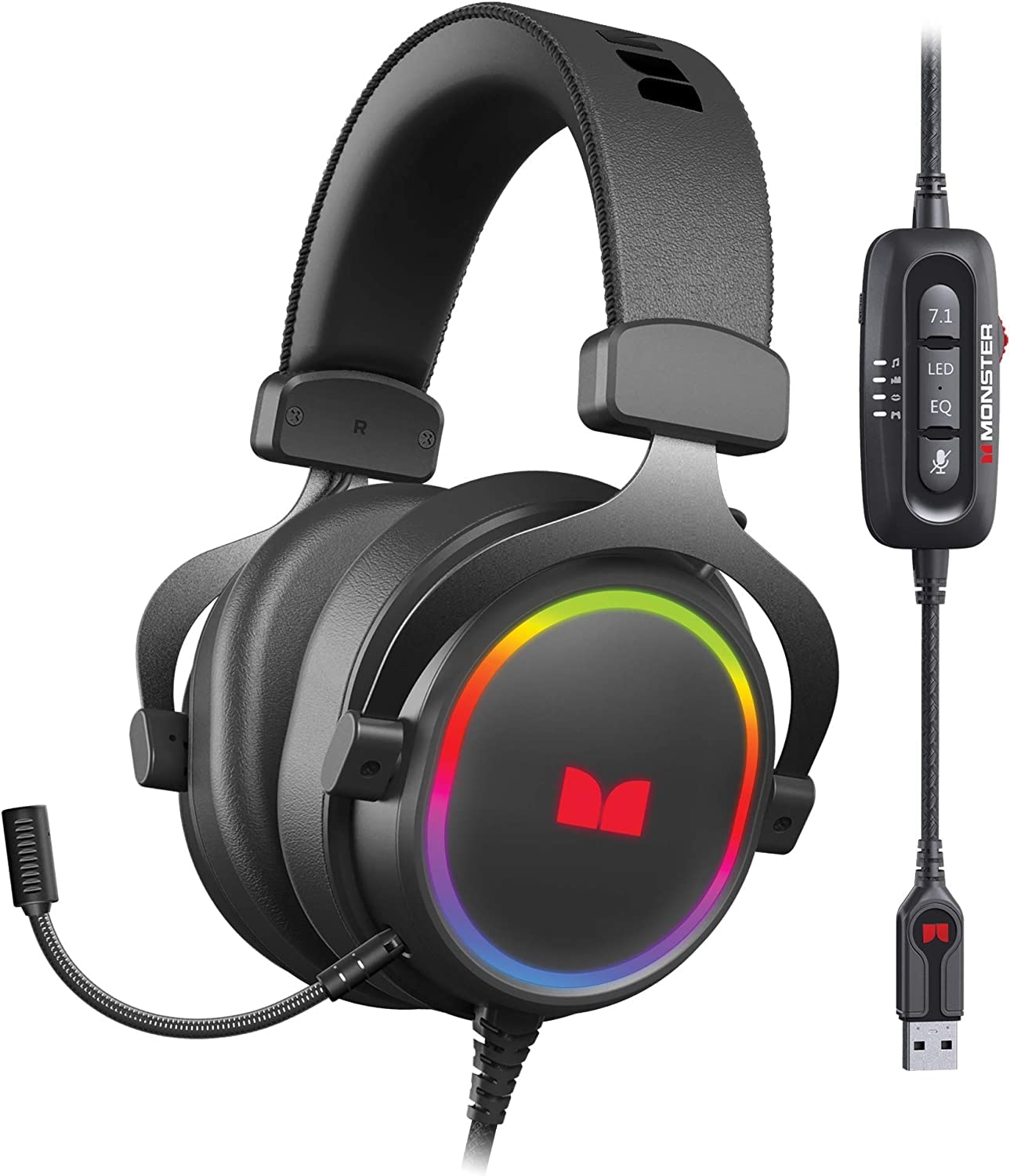 Monster Alpha 7.1 RGB Gaming Headset with 7.1 Surround Sound, Noise Cancelling Mic, Memory Foam Earcups - Wireless PC Headphones for Gaming, Streaming & Work (Black) - Perfect for Esports, Online Meetings & Late-Night Gaming Sessions