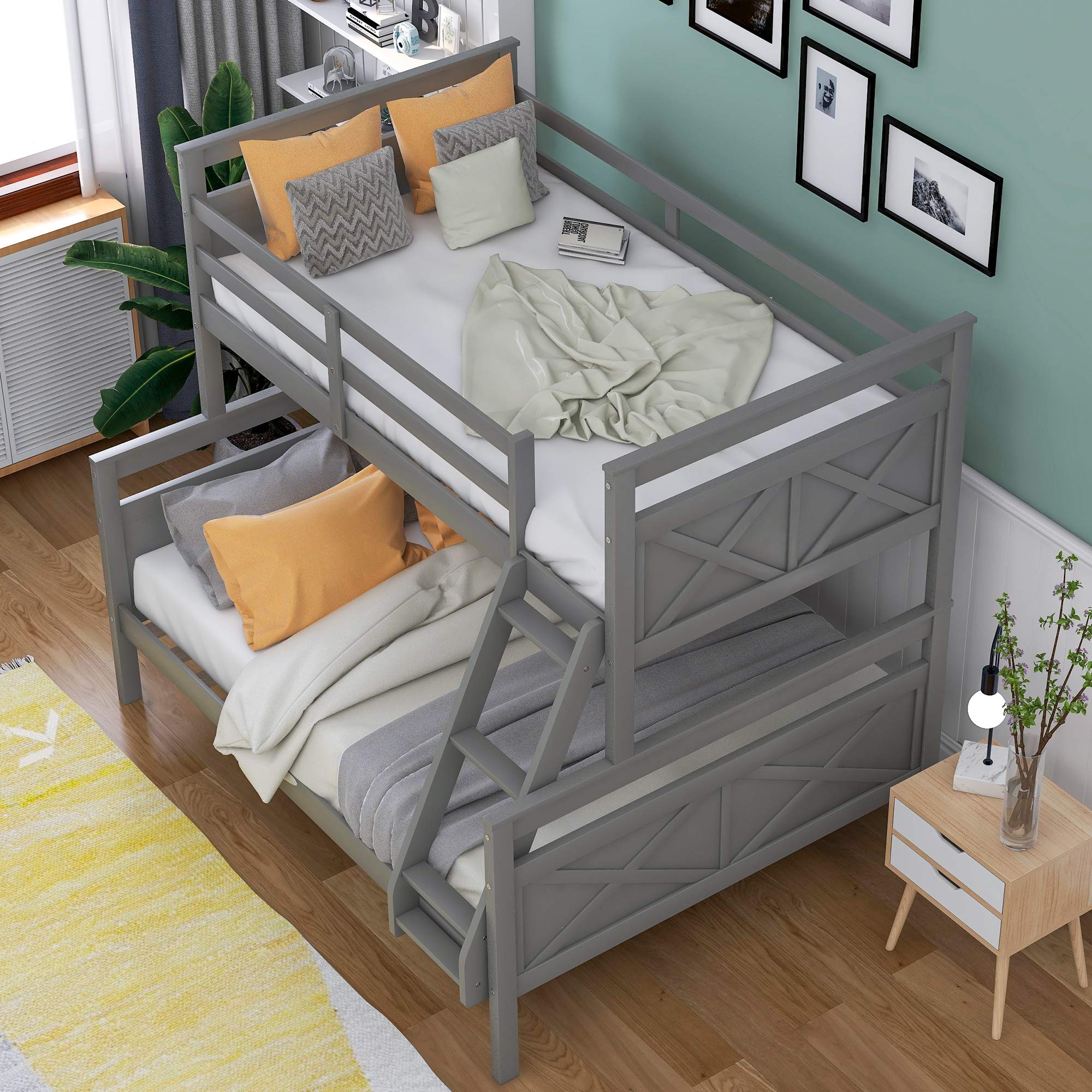 Twin Over Full Bunk Bed with Inclined Ladder & Guardrail - Solid Wood Frame with Sturdy Center Support - Converts to 2 Separate Beds - Ideal for Kids' Bedrooms & Small Spaces (Grey)