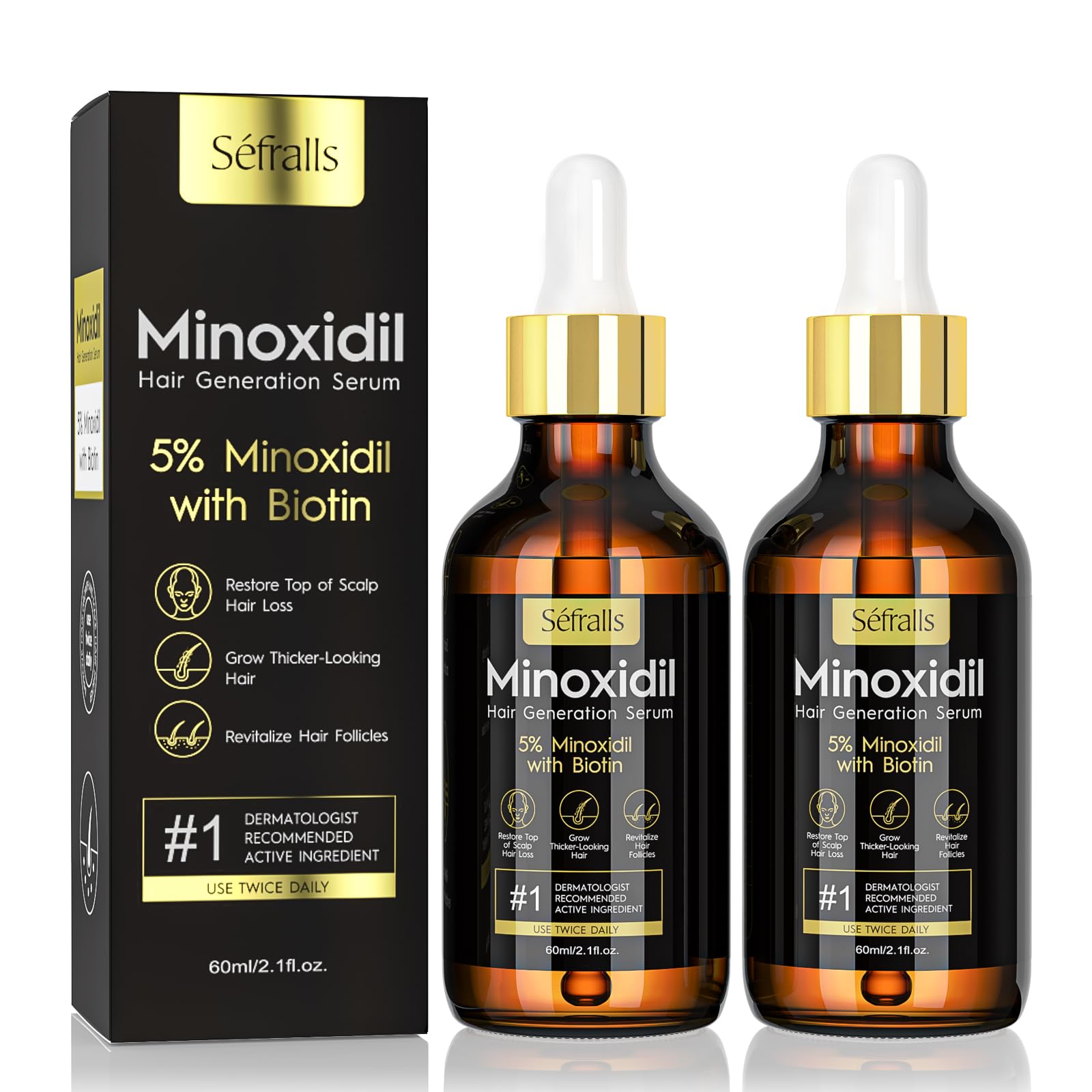 2-Pack 5% Minoxidil Hair Growth Serum for Men & Women - Hair Regrowth Treatment for Stronger, Thicker & Longer Hair - Beard & Facial Hair Growth Solution - Perfect for Thinning Hair & Baldness Treatment at Home