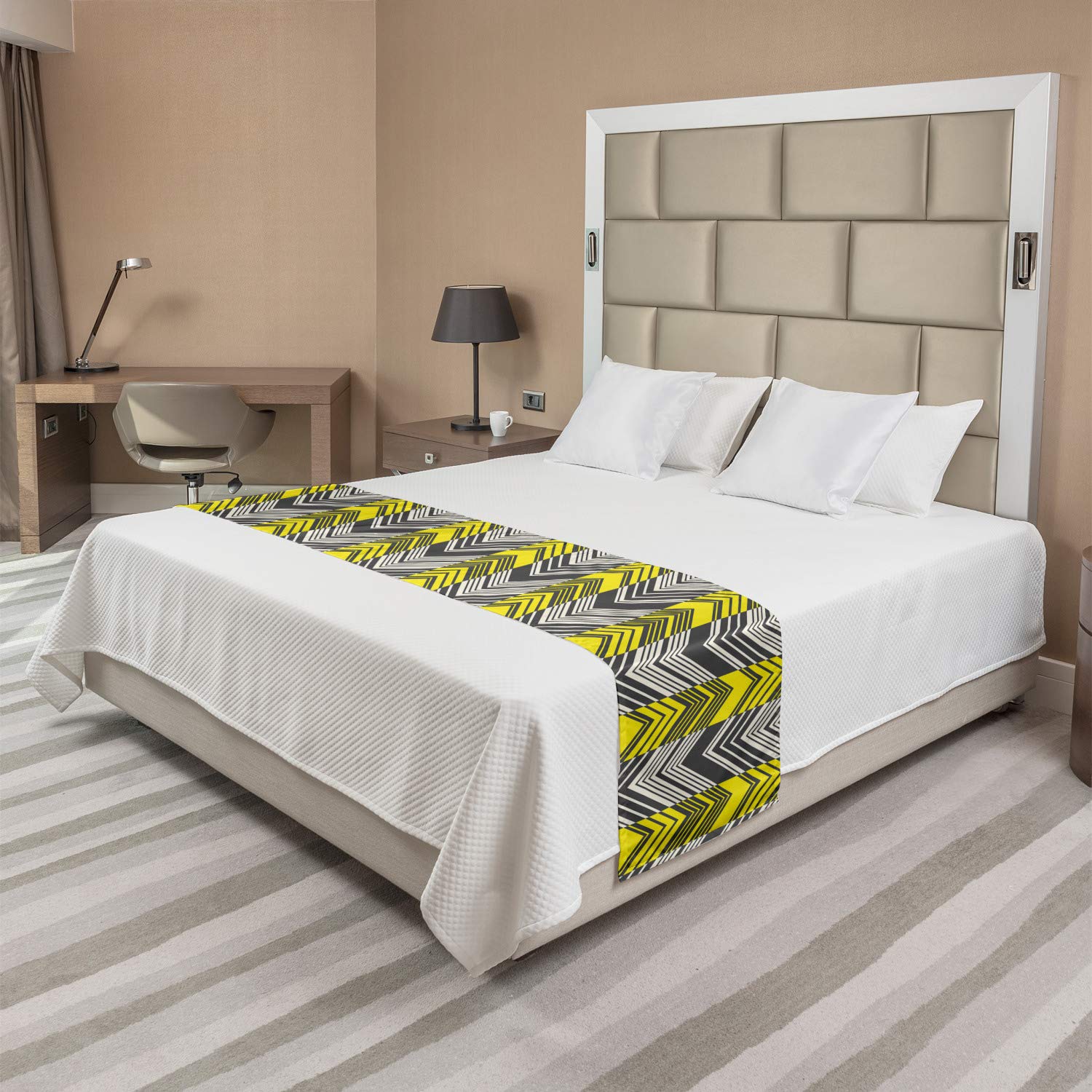 Ambesonne Chevron Bed Runner - Yellow White Geometric for Home & Hotel Decor