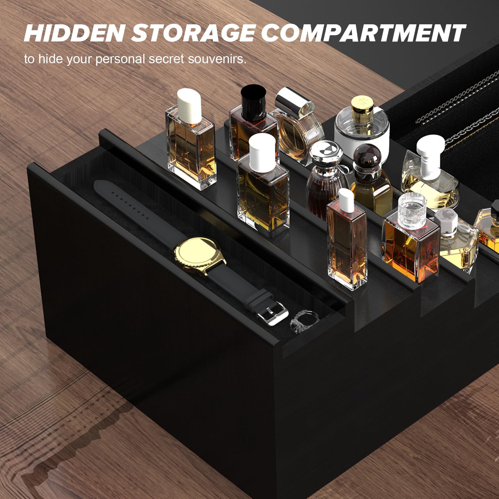 5-Tier Black Cologne Organizer for Men with Drawer & Hidden Compartment - Perfume Display Stand & Storage Shelf - Perfect Gift for Him - Ideal for Bathroom, Dresser, and Vanity Organization
