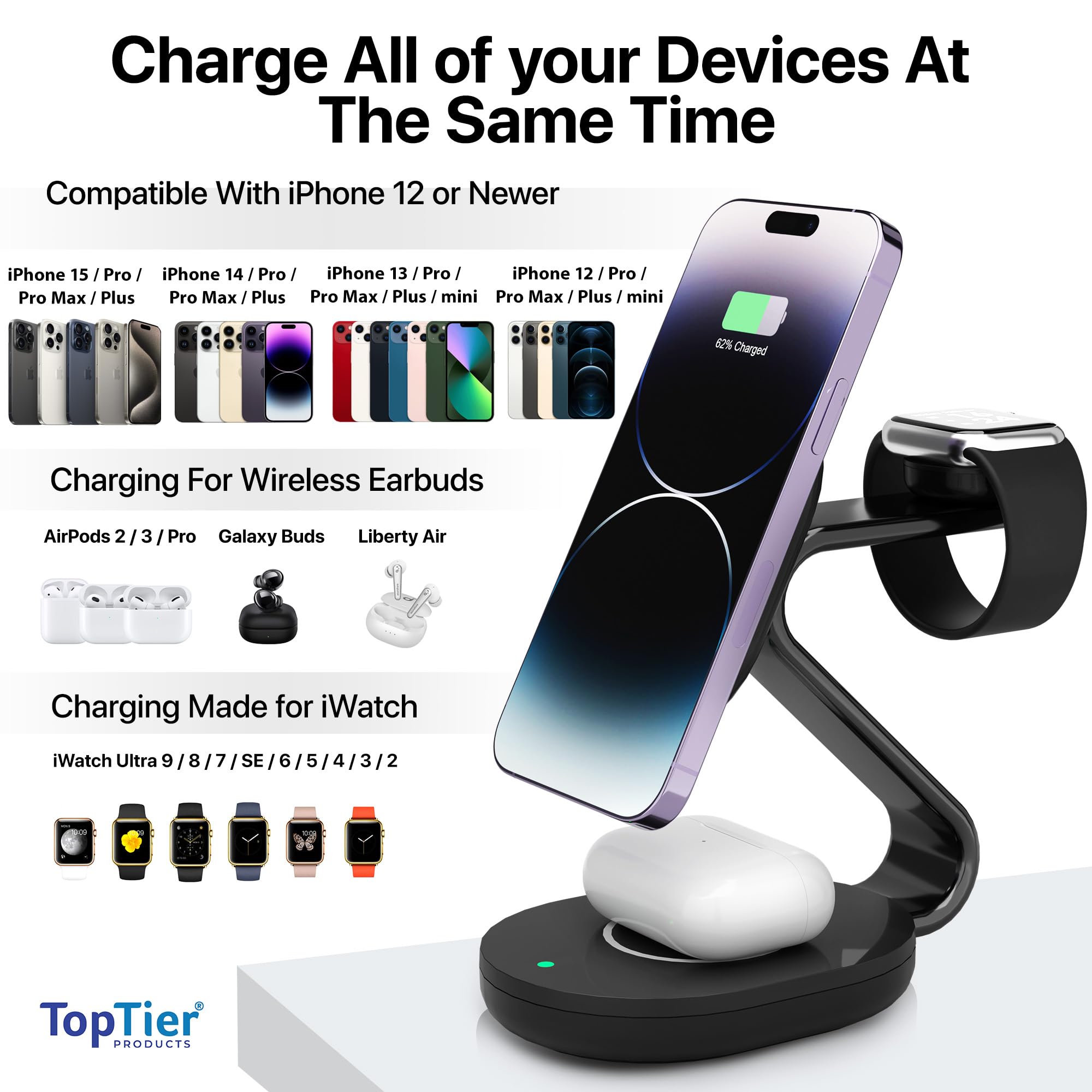 TopTier 3-in-1 MagSafe Charging Station - 20W Fast Wireless Charger with 15W iPhone Max Charging | MFI Certified | Sleek Metal Design (Black) - Perfect for Home, Office & Travel Charging Solutions
