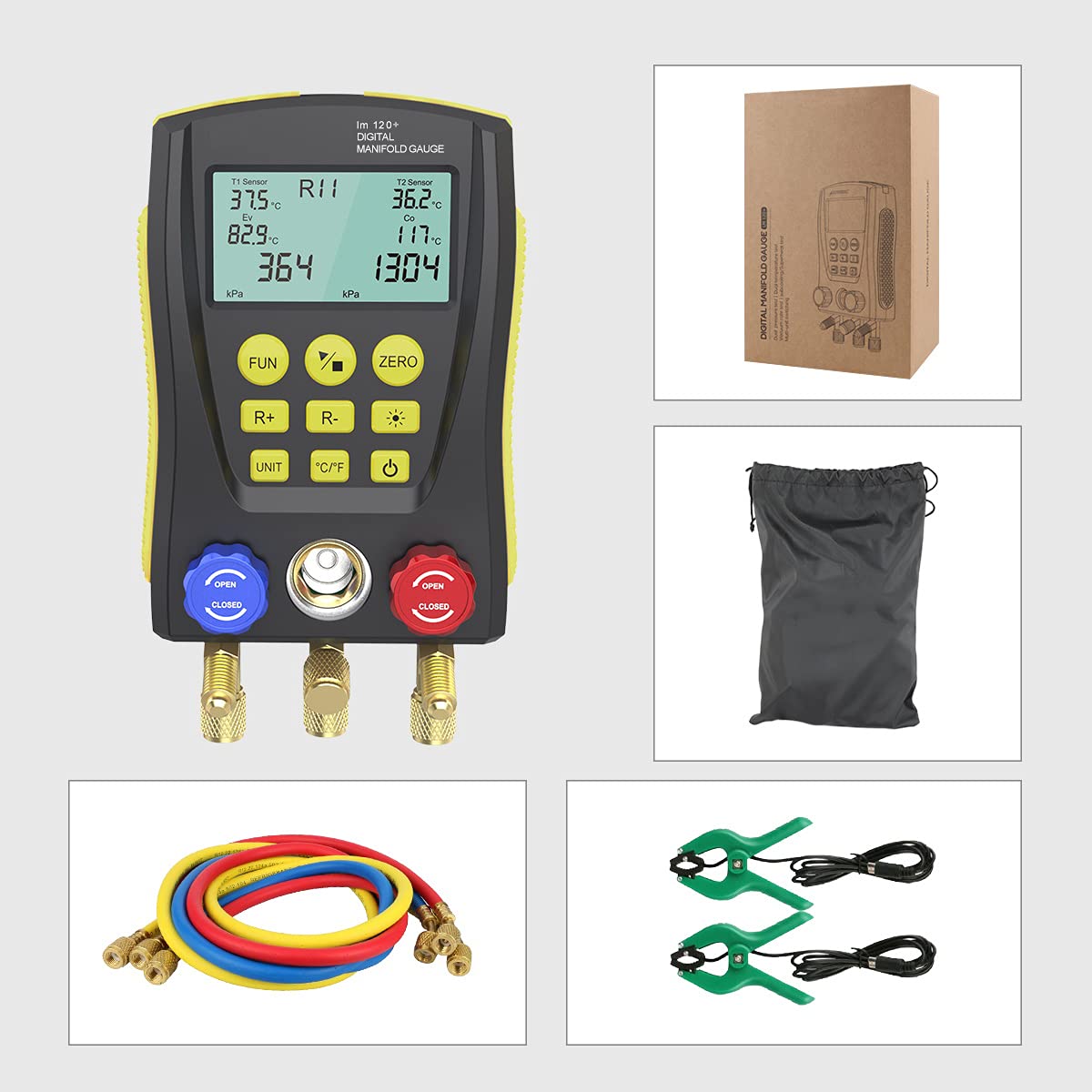 PLAYOCCAR Digital HVAC Manifold Gauge Kit - Professional Refrigeration Vacuum Pressure Temperature Leak Tester Set for AC, Refrigerator & Cooling Systems Maintenance - Includes Test Clip & Pipe - Ideal for HVAC Technicians & DIY Home Repairs
