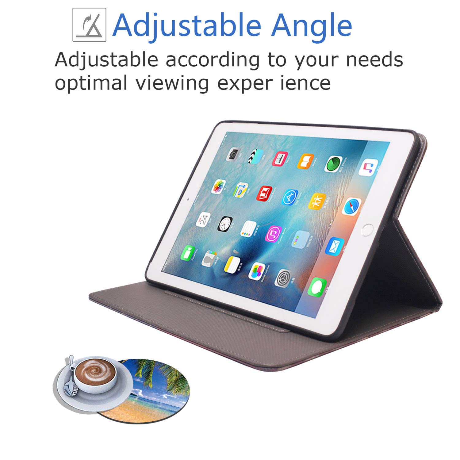Premium Leather Case for iPad 9.7 (2017/2018), iPad Air 2 & iPad Air - Auto Wake/Sleep Smart Cover with Adjustable Stand | Tropical Beach Shore Palms Design | Perfect for Work, Travel & Home Use