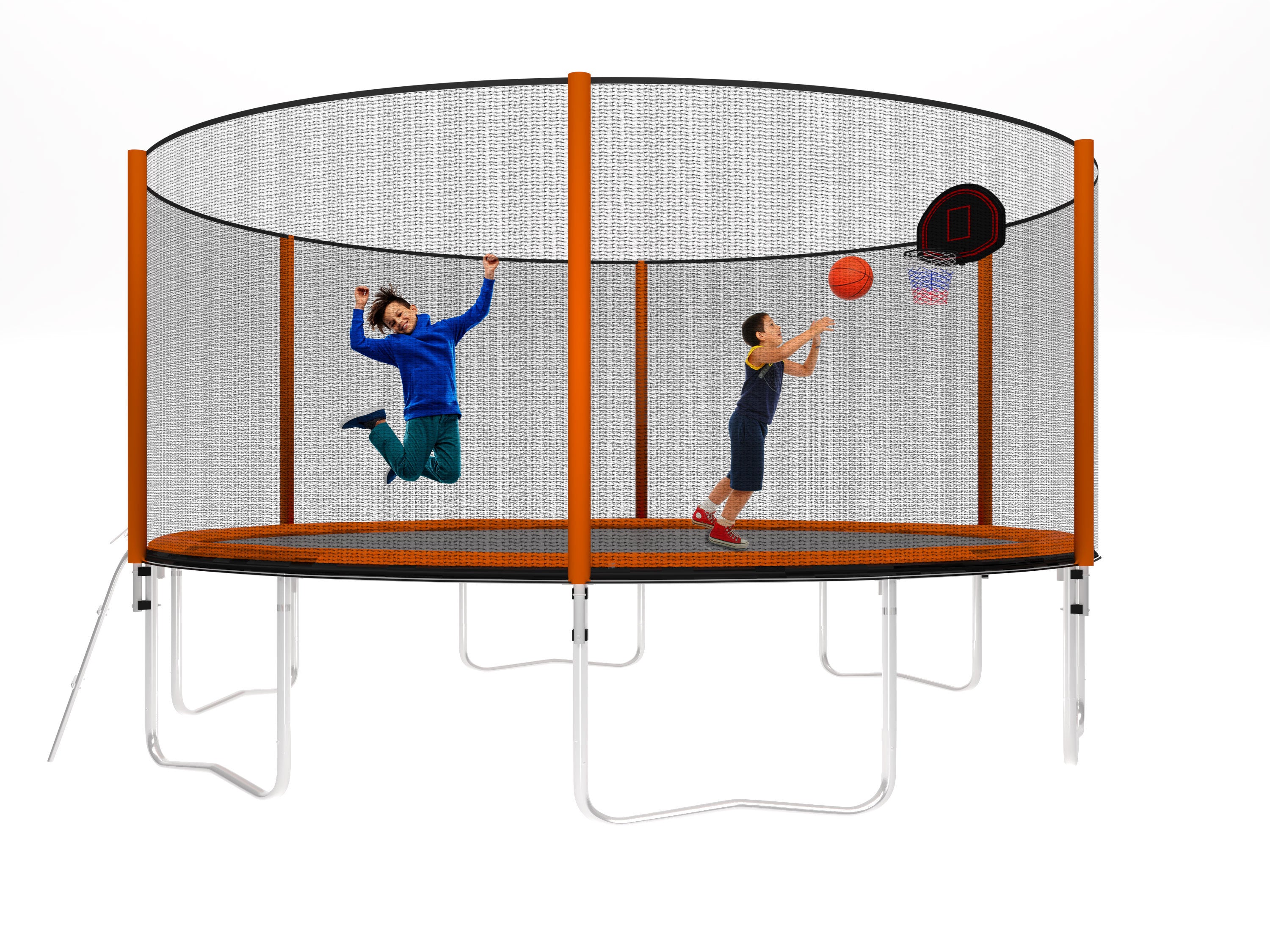 14FT Heavy-Duty Powder Coated Trampoline with Basketball Hoop, Air Pump & Safety Ladder - Outdoor Safety Enclosure, Orange - Perfect for Backyard Fun, Kids Play & Family Fitness Activities