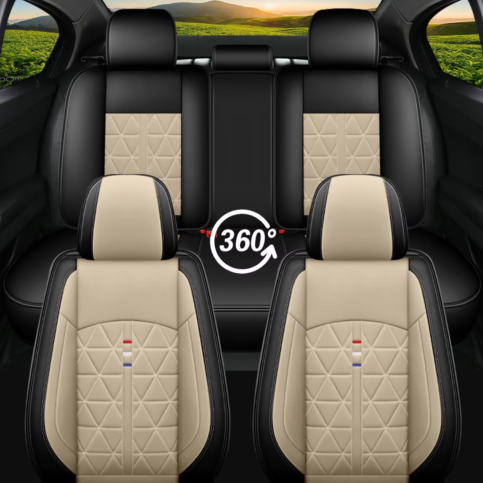 Premium Waterproof Leather Seat Covers Full Set for Honda Pilot 2005-2016 - Airbag Compatible 5-Seat Car Accessories (Black & Beige) | Perfect for Road Trips, Family Travel & Everyday Commuting