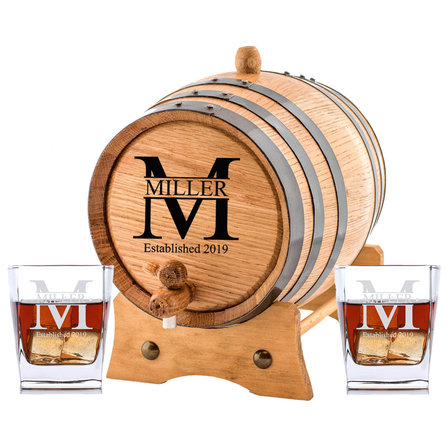 Personalized Oak Aging Barrel & Whiskey Glasses Set | Miller Design 3L - Perfect for Home Bar, Whiskey Aging & Gifts for Bourbon Lovers