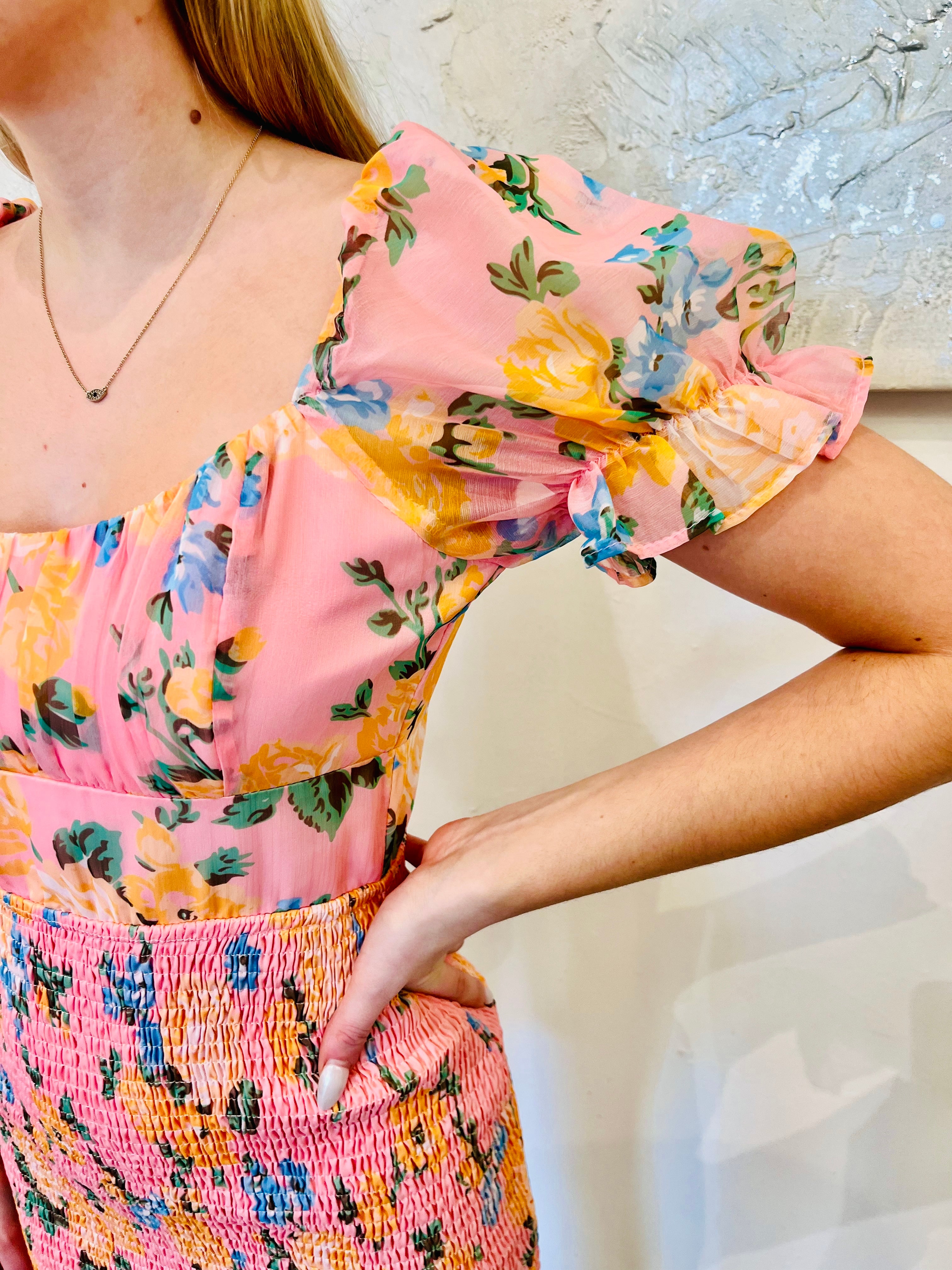 Saturn Short Sleeve Smocked Bodycon Mini Dress - Pink Floral Print for Women | Perfect for Summer Parties, Date Nights & Beach Vacations