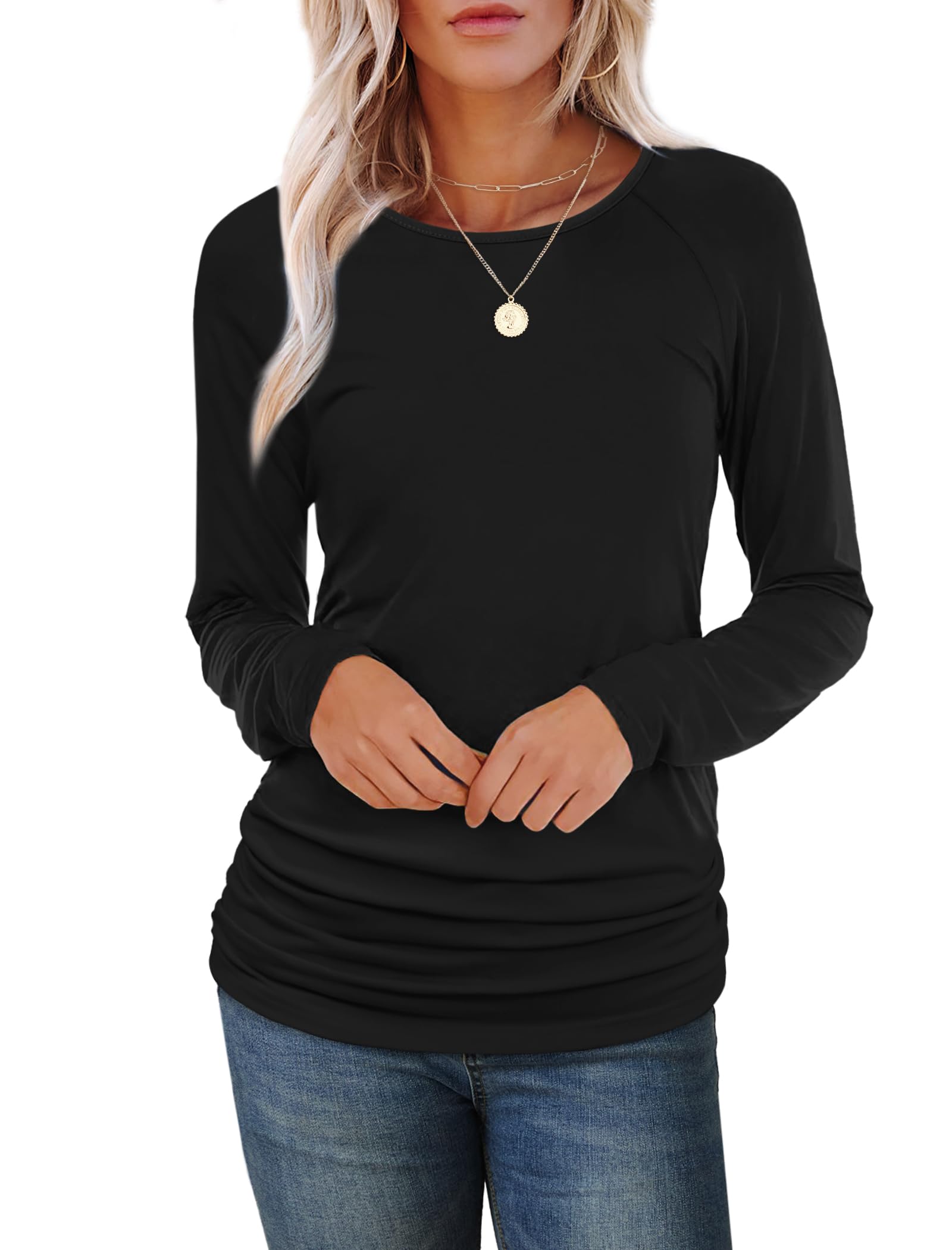 Elegant Women's Long Sleeve Pleated Button-Down Shirt - Crewneck Dressy Casual Top for Work, Office & Everyday Wear | Saloogoe