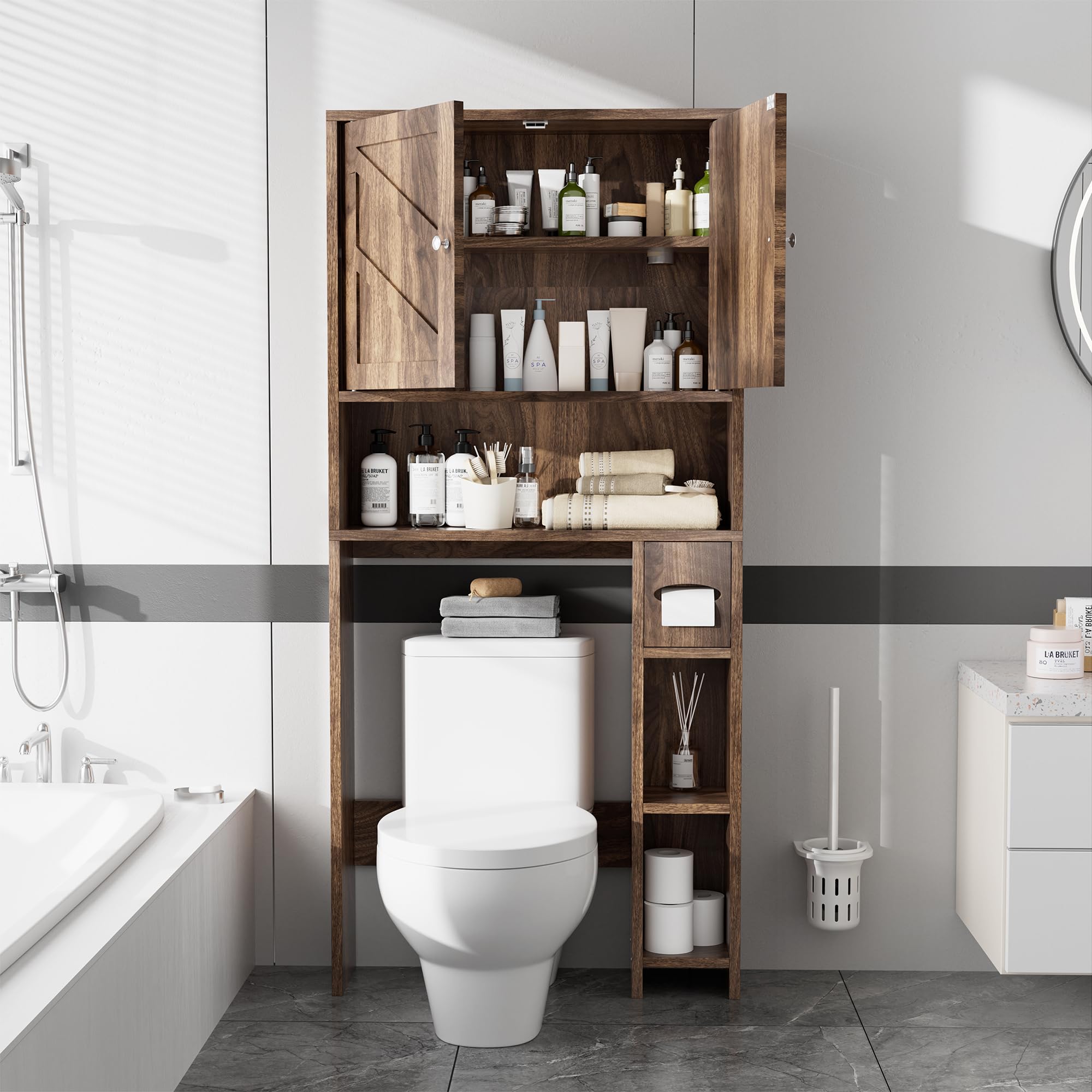 Meilocar Over The Toilet Storage Cabinet - Farmhouse Style Bathroom Organizer with Adjustable Shelf & Toilet Paper Holder | Freestanding Space Saver for Small Bathrooms | Perfect for Toiletries, Towels & Bathroom Essentials (Walnut)