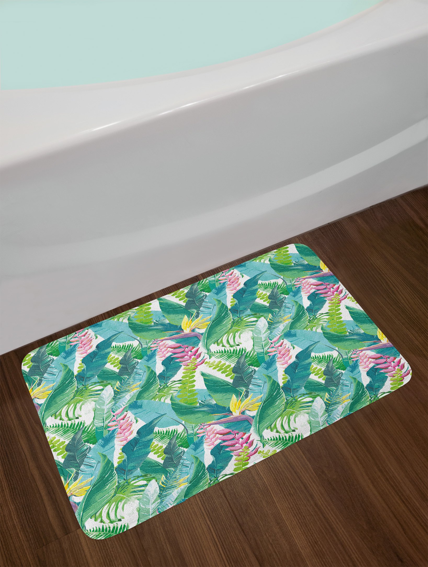 Ambesonne Non-Slip Leaf Bath Mat - Tropical Plumeria Lilac Floral Design, Soft Plush Bathroom Rug, 30.2