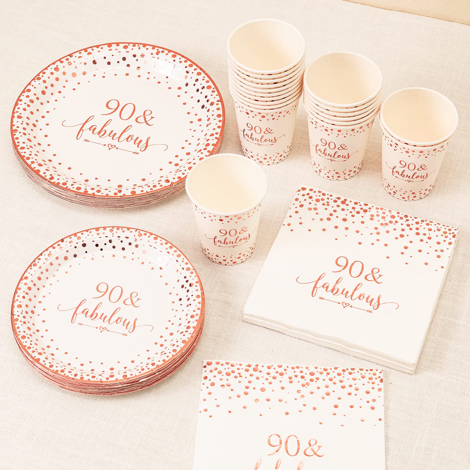 Premium Rose Gold Foil 90th Birthday Party Supplies - 24-Piece Disposable Tableware Set (9