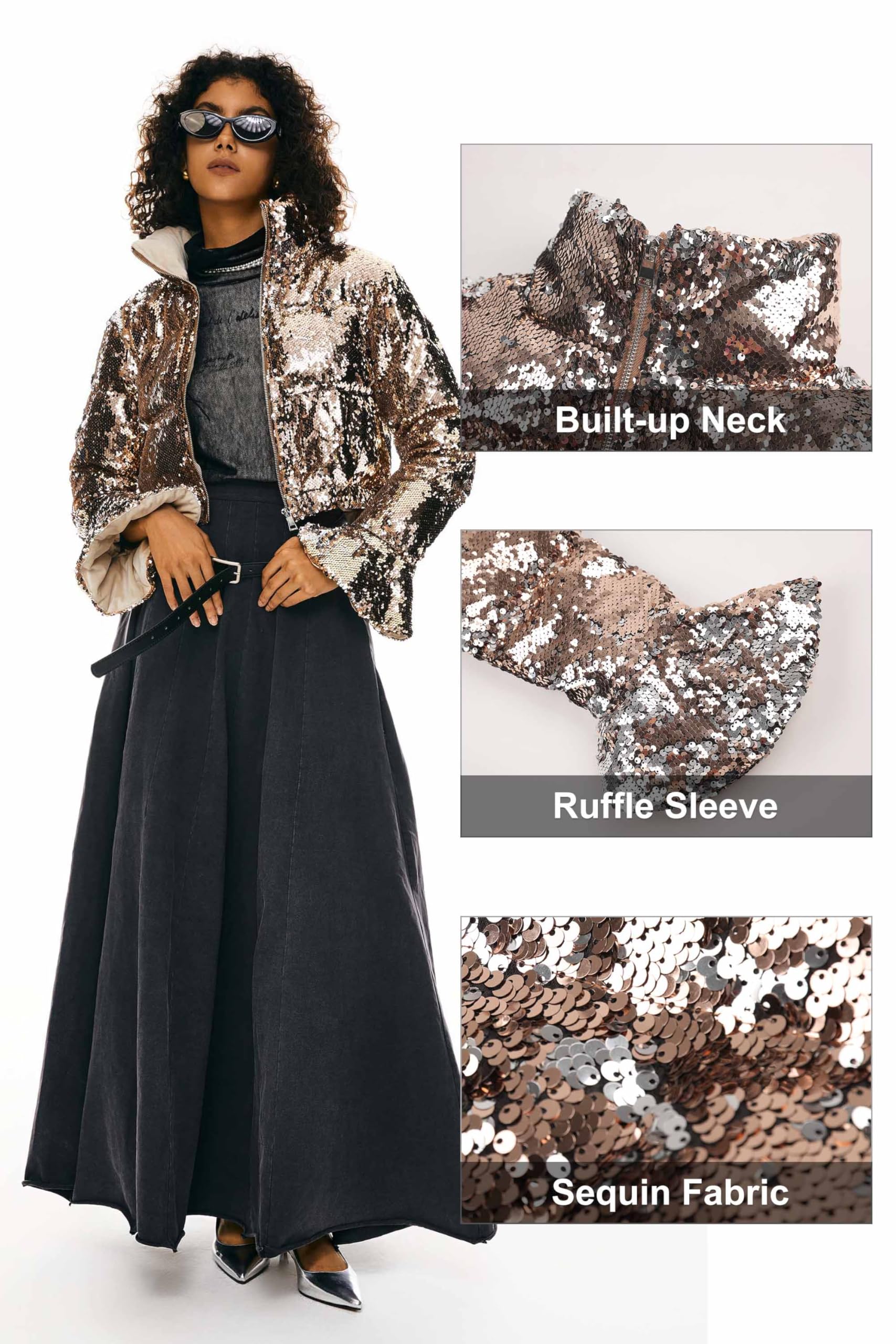 Orolay Women's Shiny Sequin Ultra Short Down Jacket with Stand Collar - Warm Winter Coat for Petite Women | Perfect for Parties, Night Out & Holiday Events
