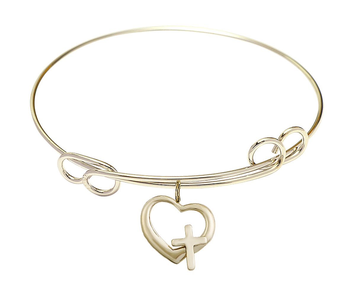 F A Dumont 7.5 Inch Round Double Loop Bangle Bracelet with Heart & Cross Charms - Elegant Jewelry for Women, Perfect for Gifts, Parties, and Everyday Wear