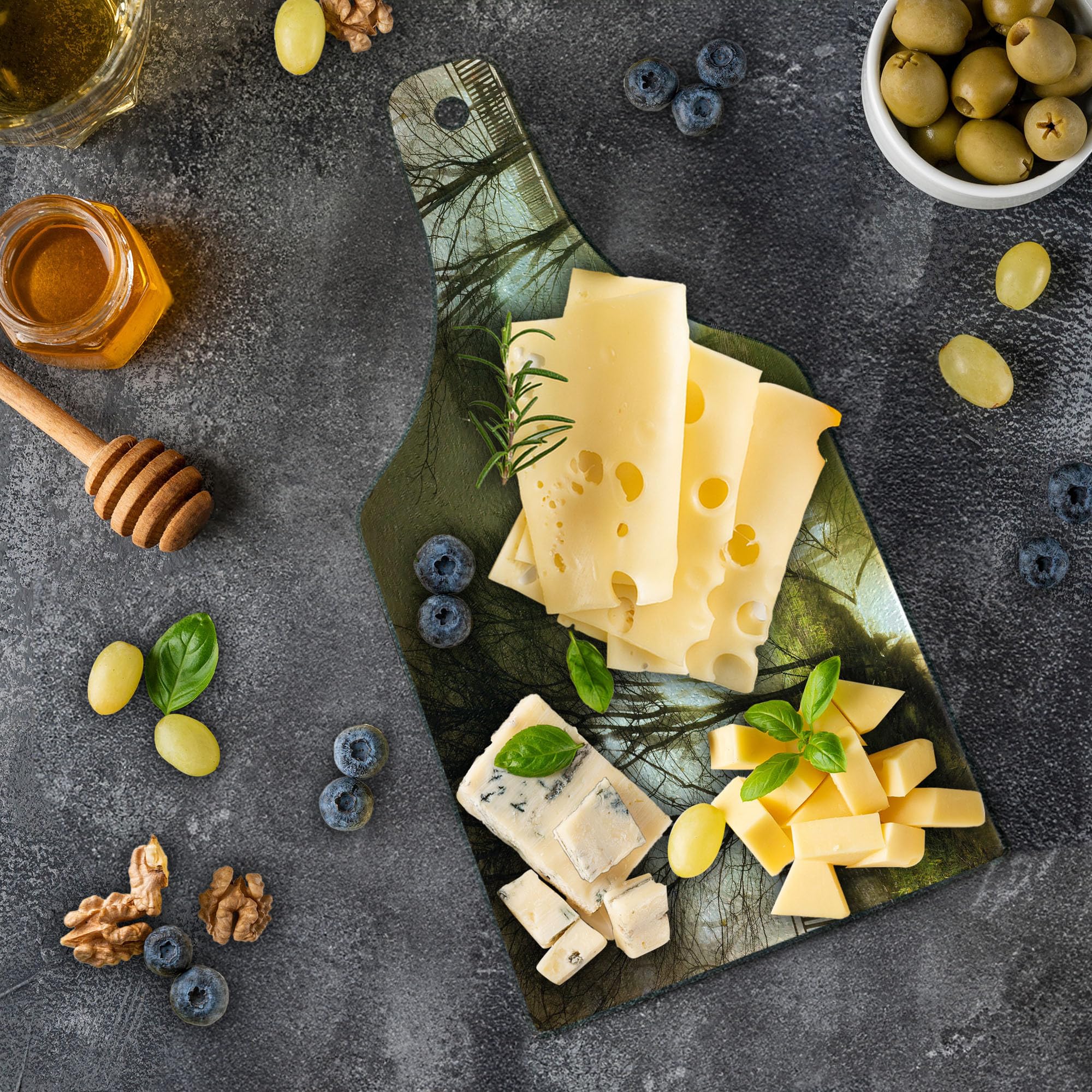Ambesonne Forest Themed Tempered Glass Cutting Board - Winter Night Trees & Foggy Street Design - Wine Bottle Shape Serving Board for Kitchen & Dining - White Green Brown Decorative Board for Charcuterie, Cheese & Wine Pairing