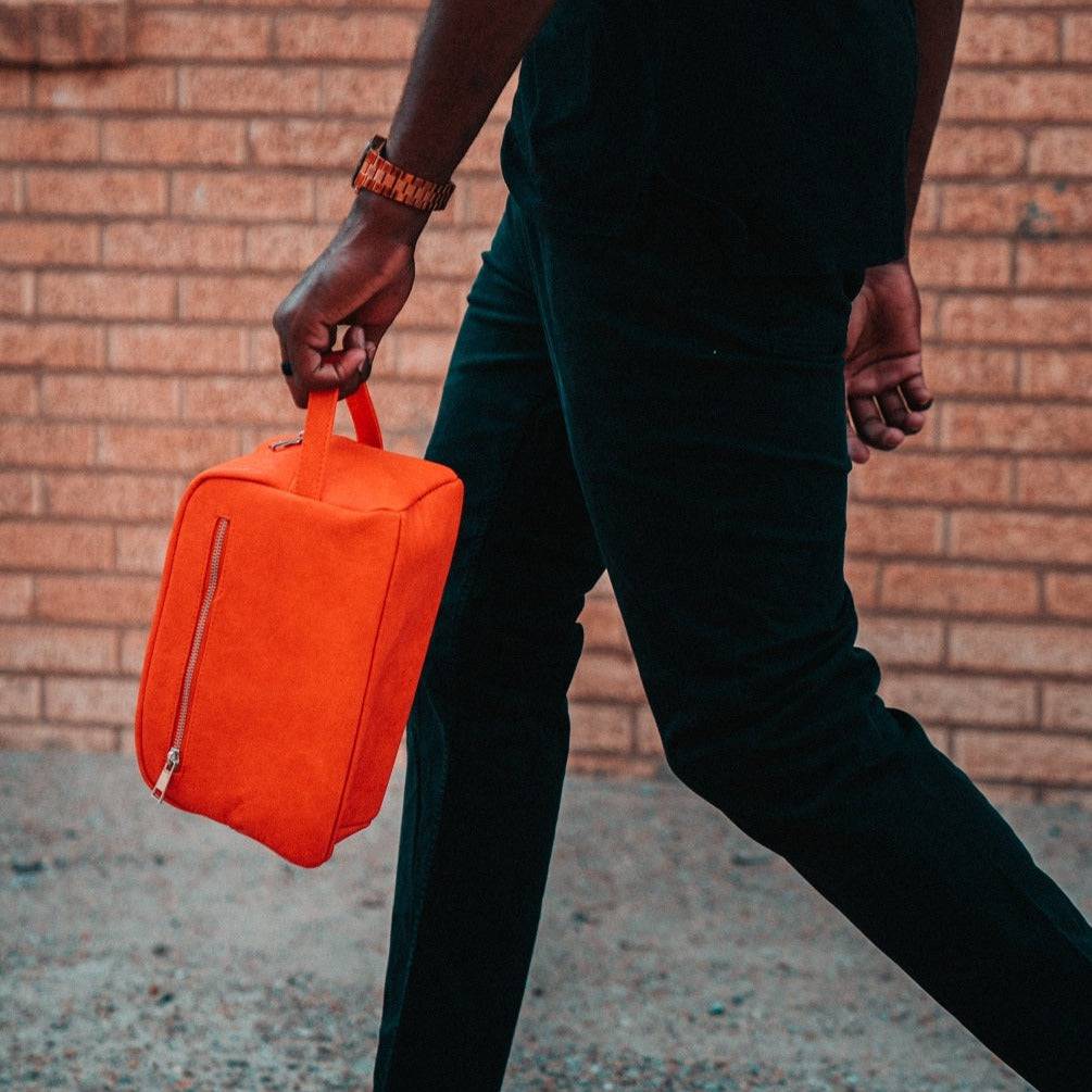 Premium Orange Tumbled Leather Toiletry Bag for Men & Women - Waterproof Travel Cosmetic Organizer - Perfect for Gym, Vacation & Business Trips