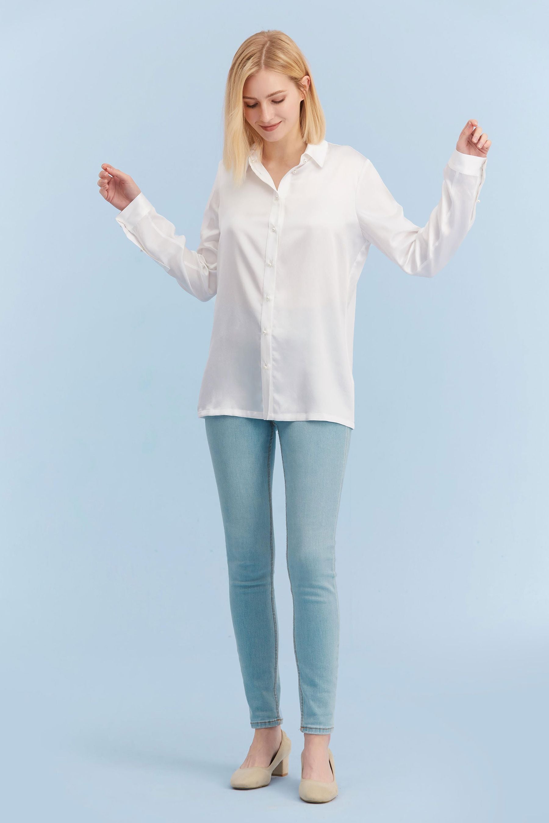 Elegant Classic Pearl Button Silk Shirt for Women - Vintage Style Blouse for Office, Party & Special Occasions