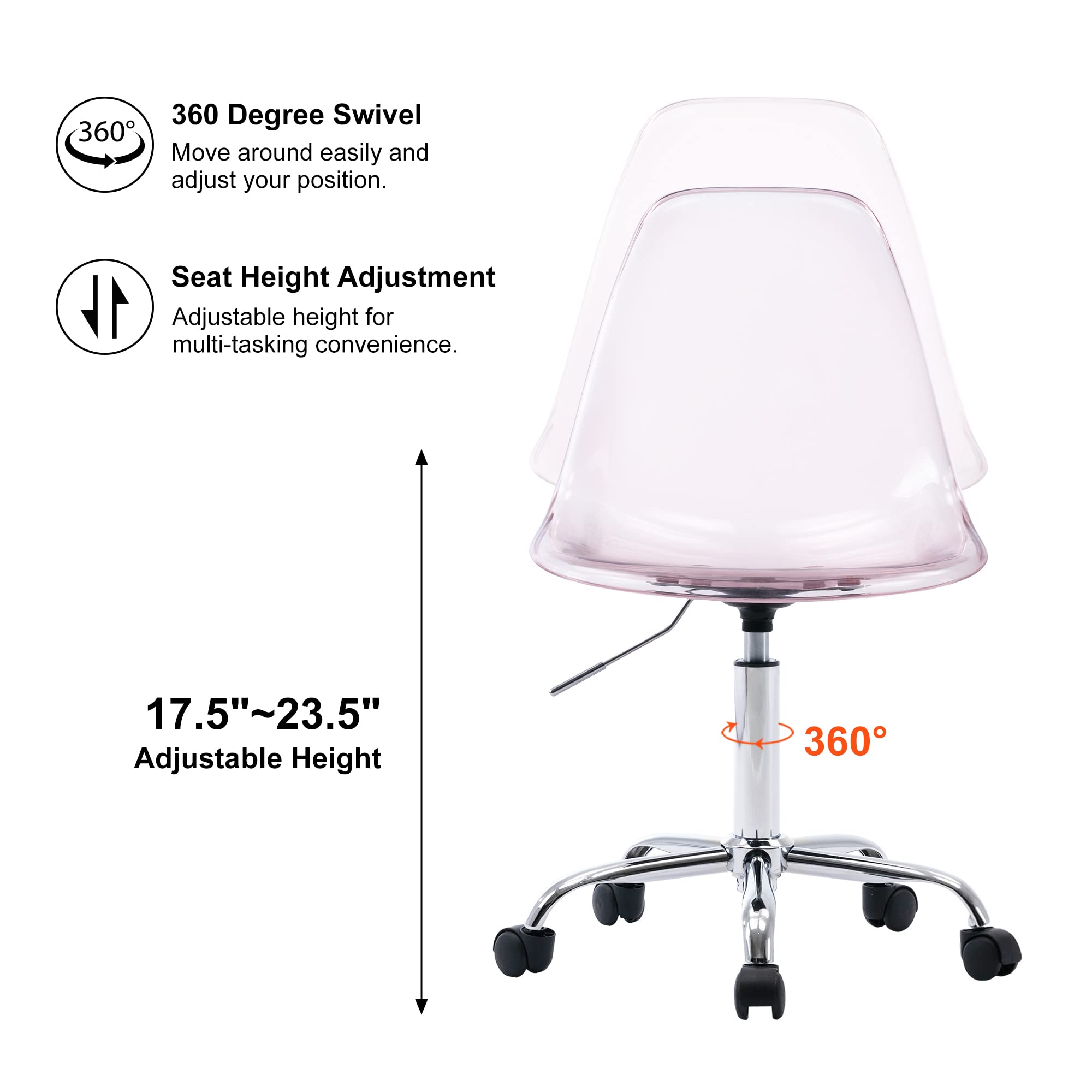 HOMEFUN Clear Acrylic Rolling Armless Swivel Chair - Height Adjustable Ghost Molded Plastic Office Chair with Wheels, Pink - Perfect for Home Office, Vanity Desk, and Modern Workspace Decor