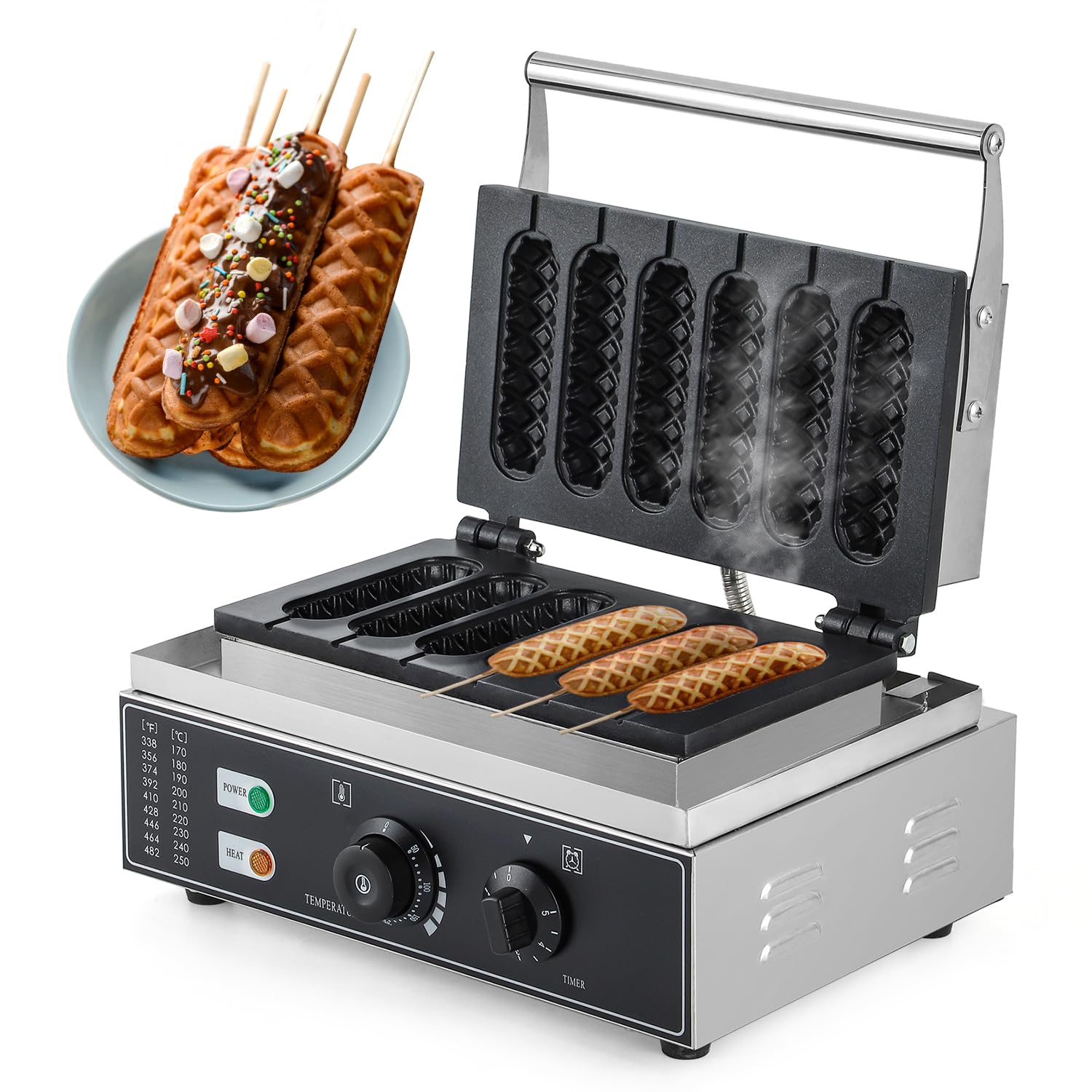 CGOLDENWALL Commercial & Home Corn Dog Waffle Maker Machine - 1550W Electric Waffle Stick Maker with 6 Non-Stick French Muffin Irons, Stainless Steel, 50-300℃ Temperature Control (110V) - Perfect for Parties, Breakfast, Snacks & Food Trucks