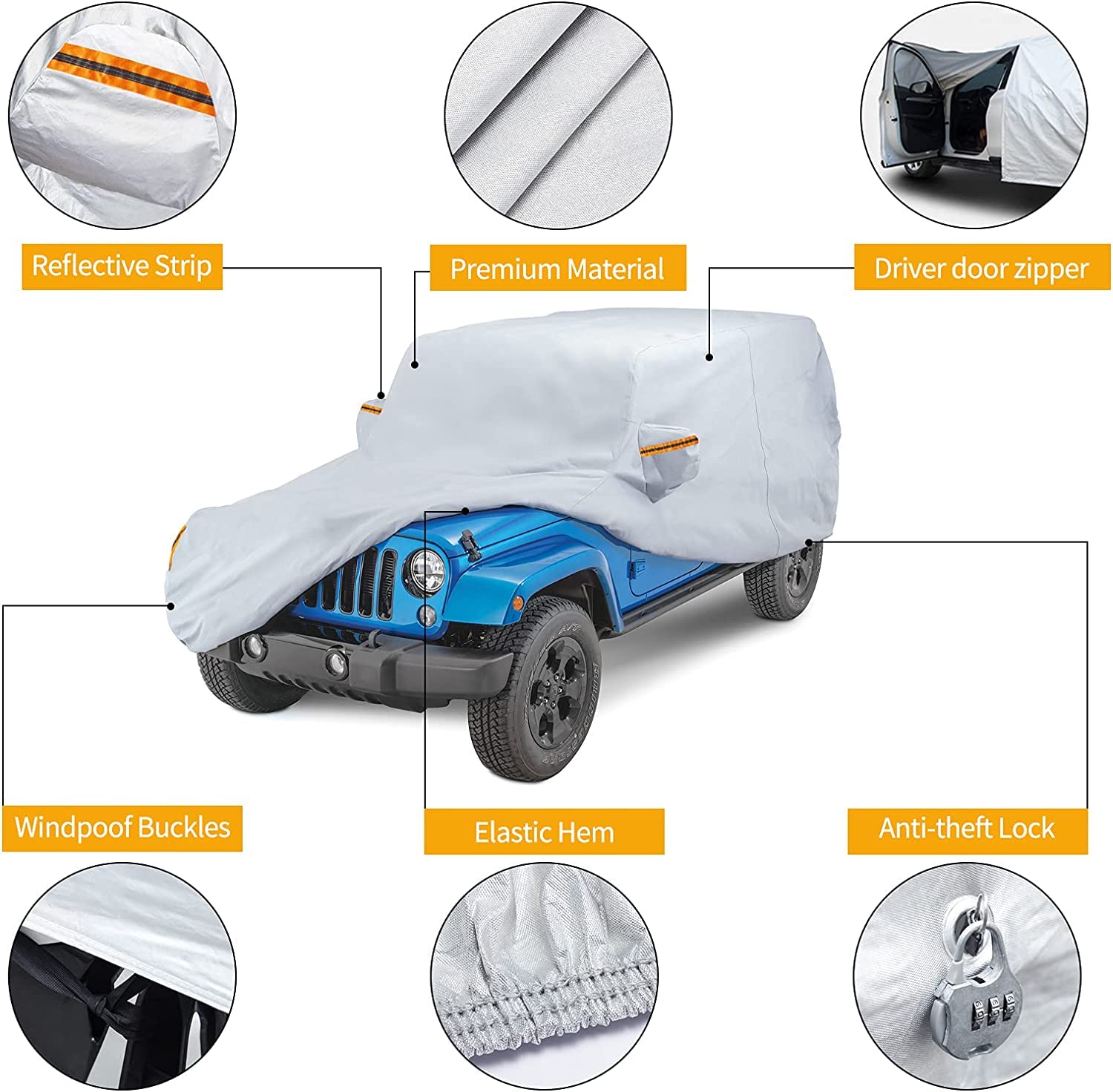 Waterproof Car Cover for 2007-2024 Jeep Wrangler JK - All Weather Protection Outdoor Cover with Driver Door Zipper - Perfect for Rain, Snow, Sun & Dust Protection While Parked