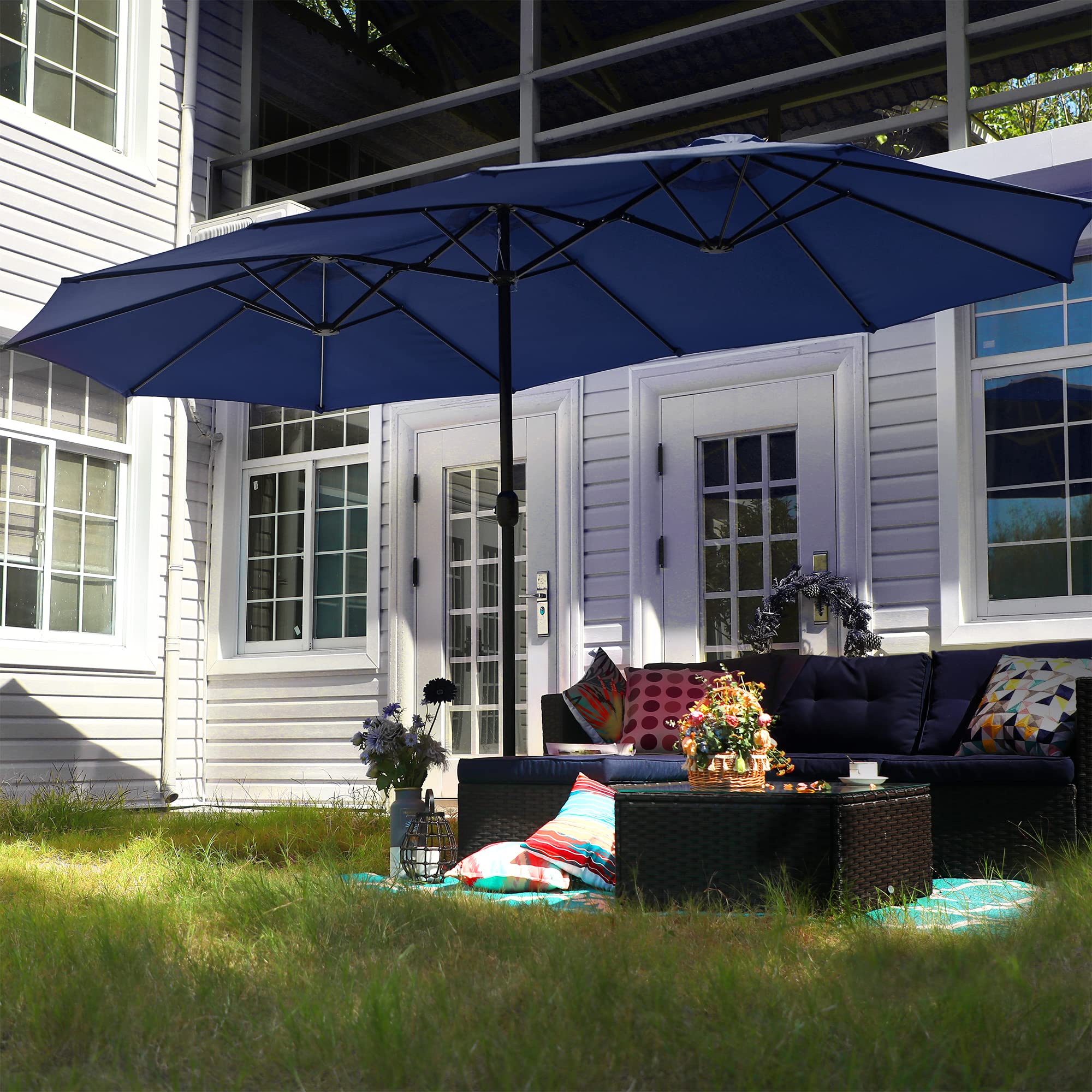 PHI VILLA 15ft Double-Sided Patio Umbrella with Base - Navy Outdoor Shade for Pool & Garden
