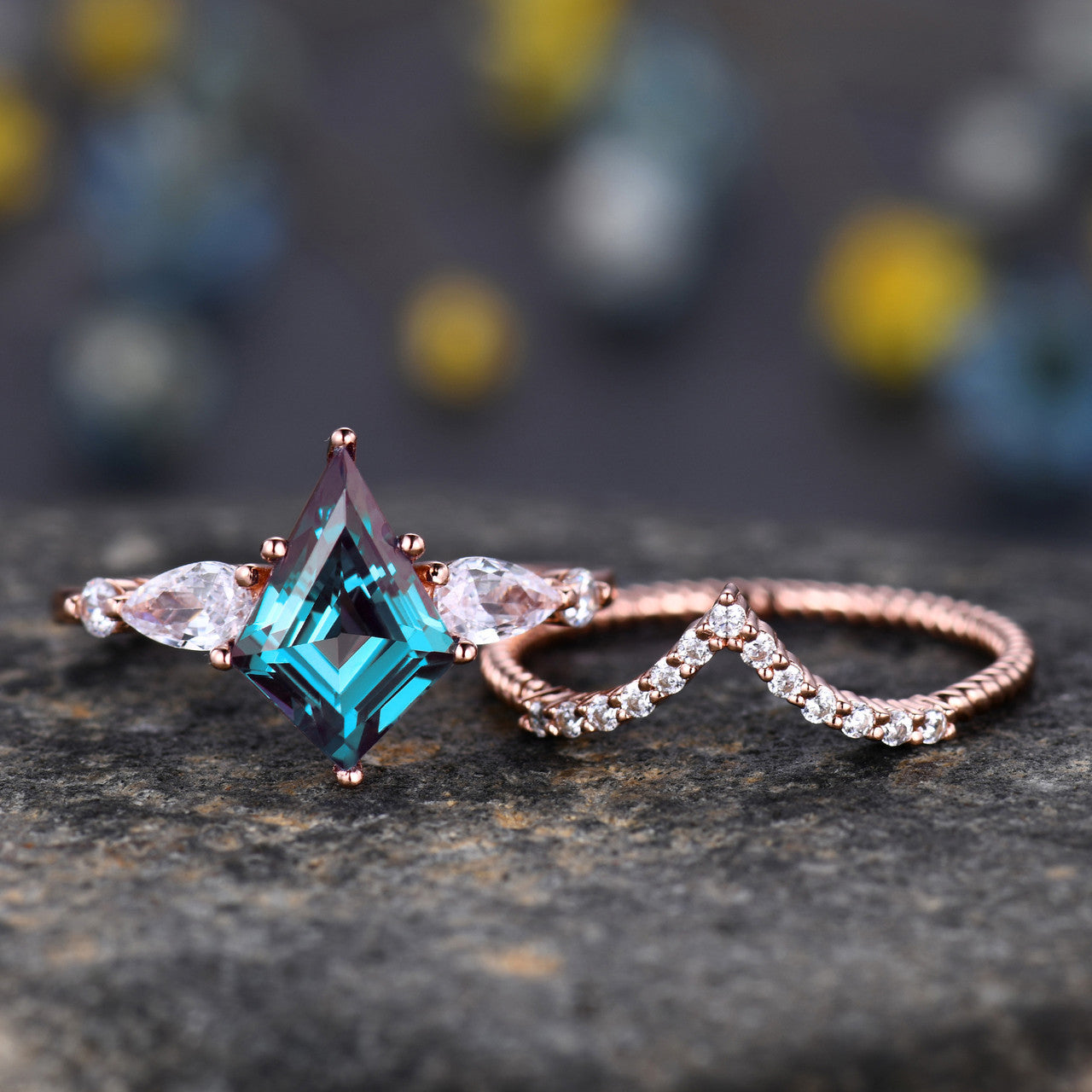 7x10mm Rose Gold Kite Step Cut Alexandrite Engagement Ring Set with Moissanite Wedding Band & Curved V Matching Band | Perfect for Proposals, Anniversaries & Bridal Jewelry