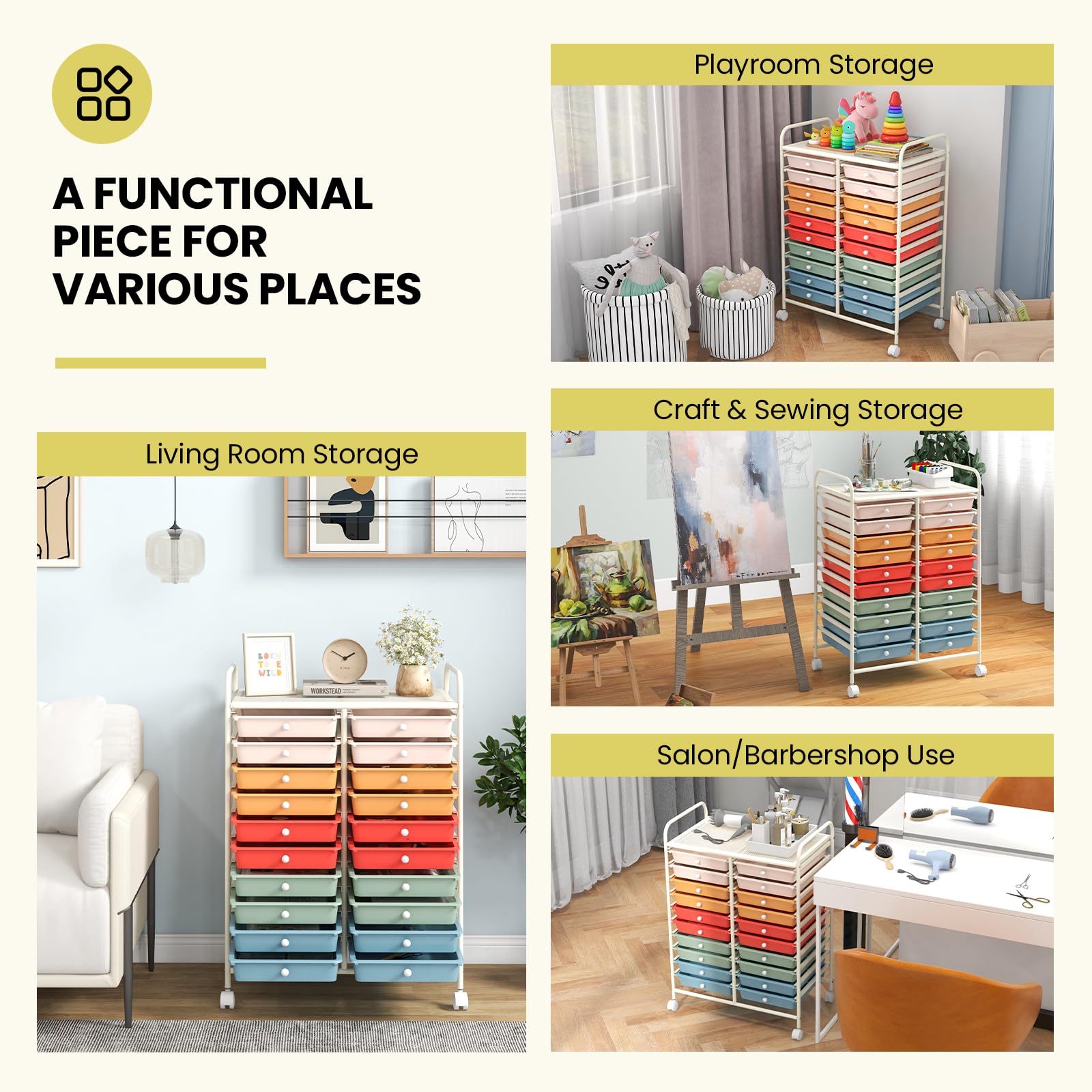 20-Drawer Rolling Utility Cart with Lockable Wheels & Removable Plastic Bins - Perfect for Classroom Organization, Office Supplies, Art Studio & Craft Storage (Macaron Color)
