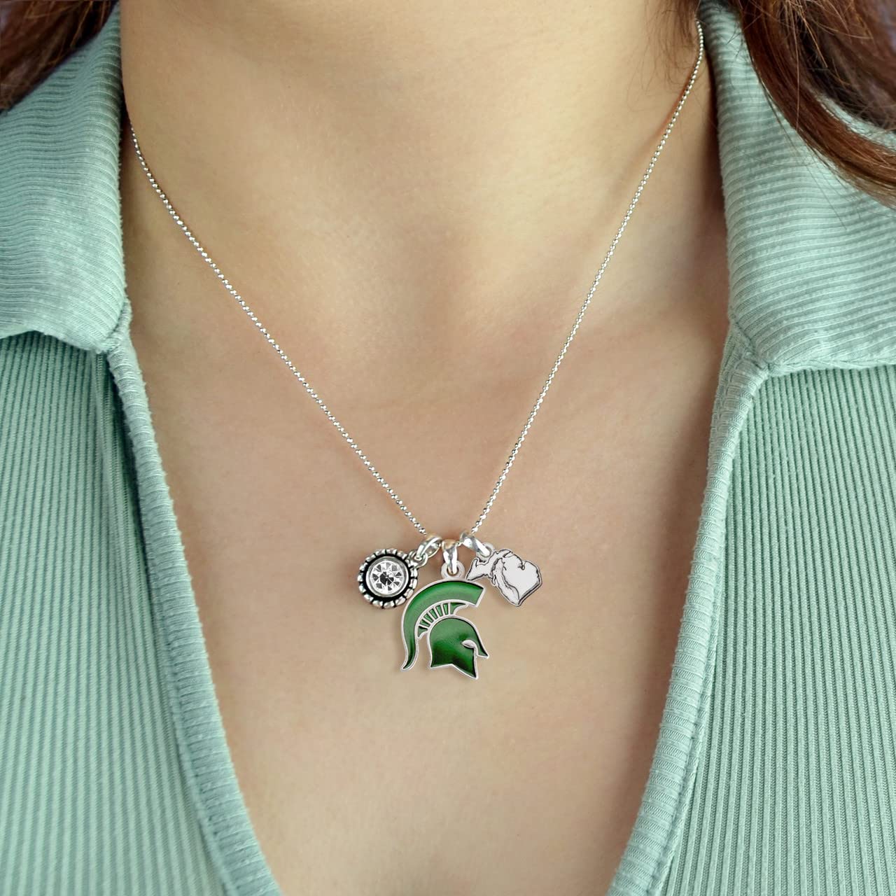 Michigan State Spartans Silver Crystal Necklace - Elegant Jewelry Gift for MSU Fans, Perfect for Graduation, Game Day & Special Occasions