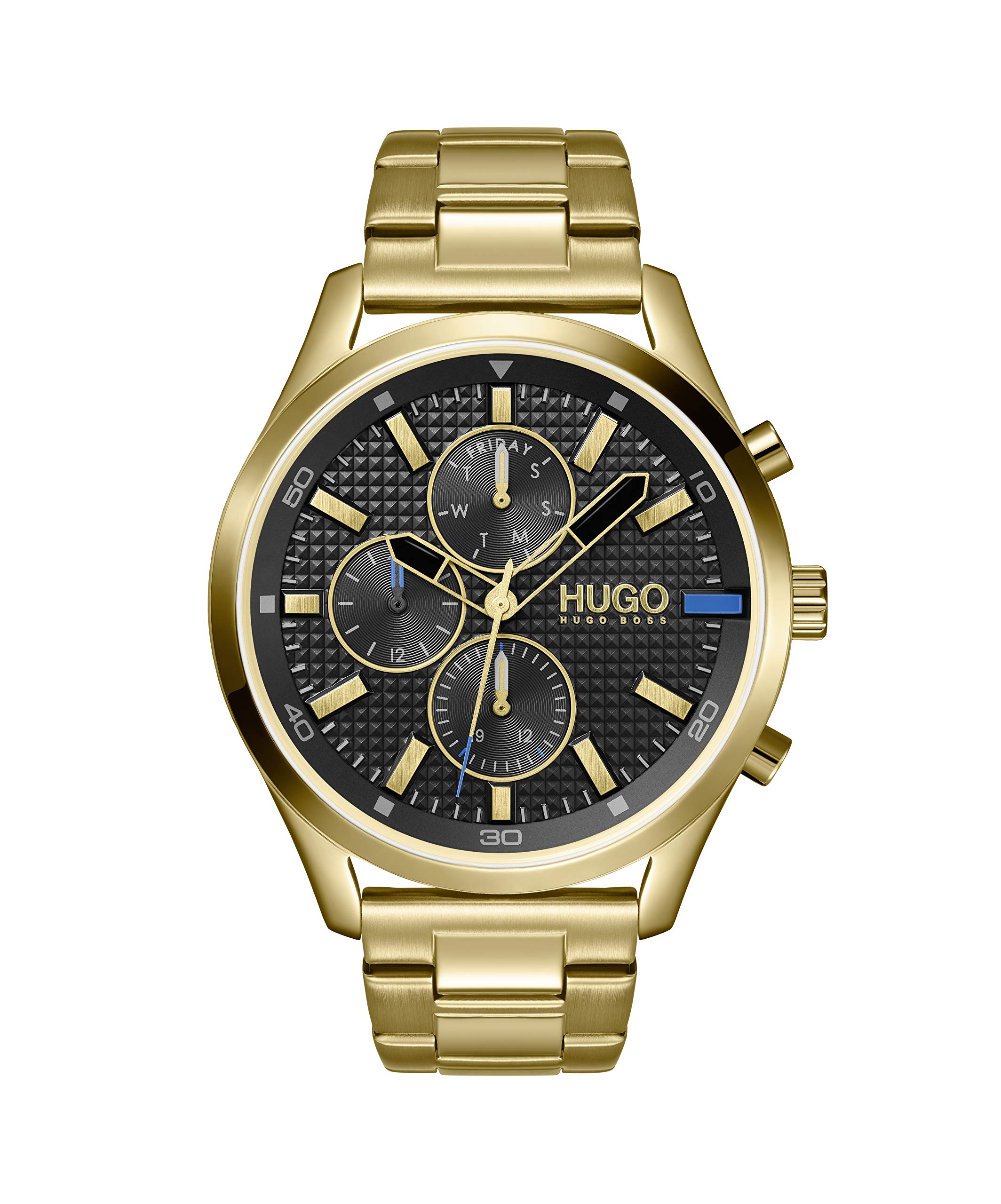 HUGO Chase Men's Multifunction Stainless Steel Business Watch with Gold Plated Link Bracelet - Water Resistant Dress Watch for Office, Meetings & Formal Occasions (Model: 1530164)