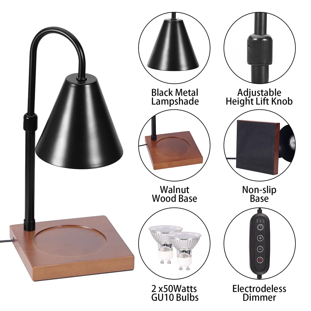 Electric Candle Warmer Lamp with Timer & Dimmable Function - Adjustable Height Wax Melter for Jar Candles & Scented Wax - Includes 2 Bulbs - Perfect for Home Decor, Bedroom Aromatherapy & Gifts for Mom (Black)