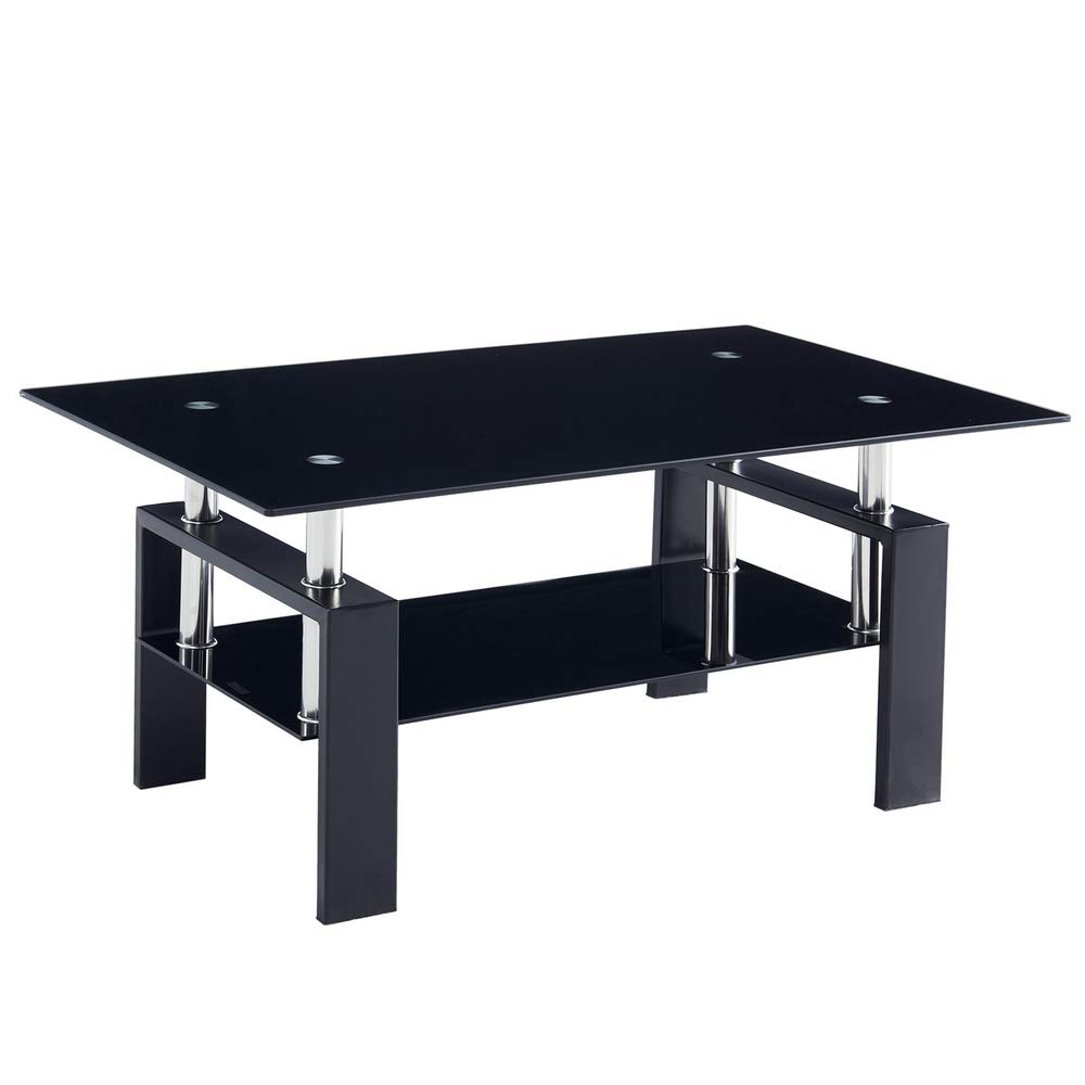 Modern Glass Coffee Table with Lower Shelf - Rectangle Tempered Glass Top & Stainless Steel Legs - Black Living Room Furniture for Home & Office Waiting Areas - Perfect for Lounge, Reception & Contemporary Spaces