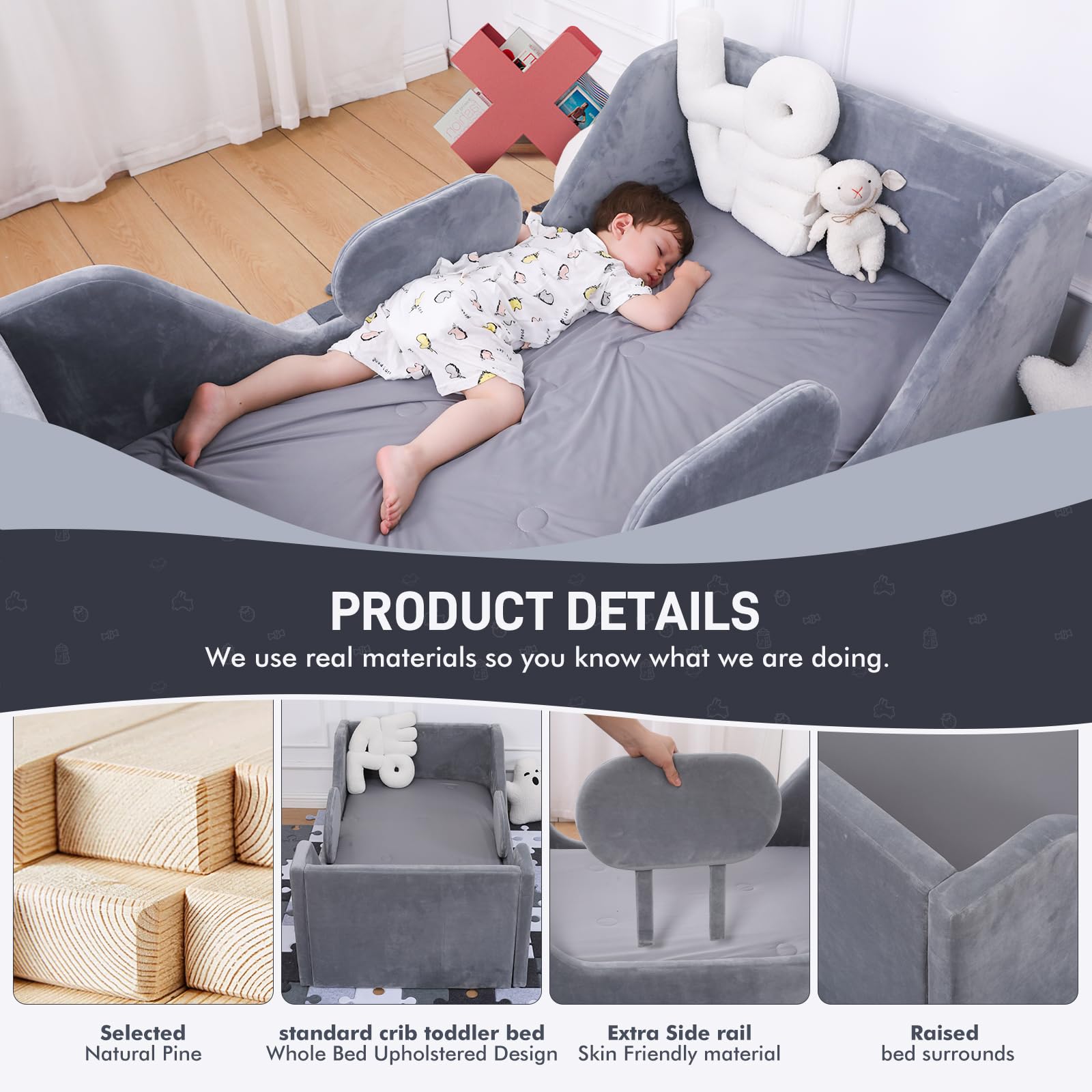 Safe & Sturdy Toddler Bed for Kids - Standard Crib Size with Extra Safety Rails, Certified Fabric Toddler Floor Bed (Gray) - Perfect for Nursery, Daycare & Transitioning from Crib to Big Kid Bed