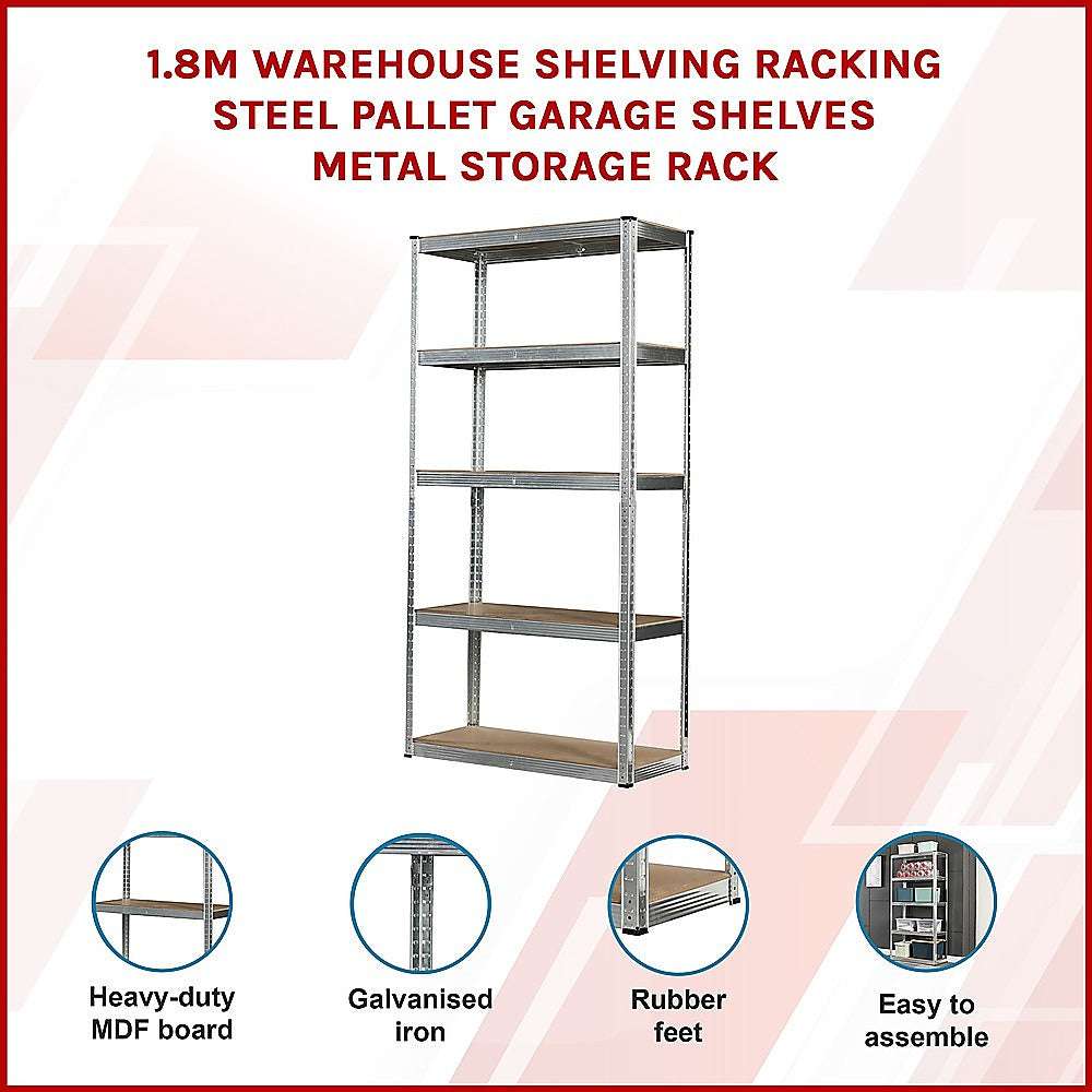 1.8M Heavy Duty Steel Warehouse Shelving Rack - Industrial Storage Shelves for Garage, Pallet & Warehouse Organization | Durable Metal Racking for Home & Business Storage Solutions